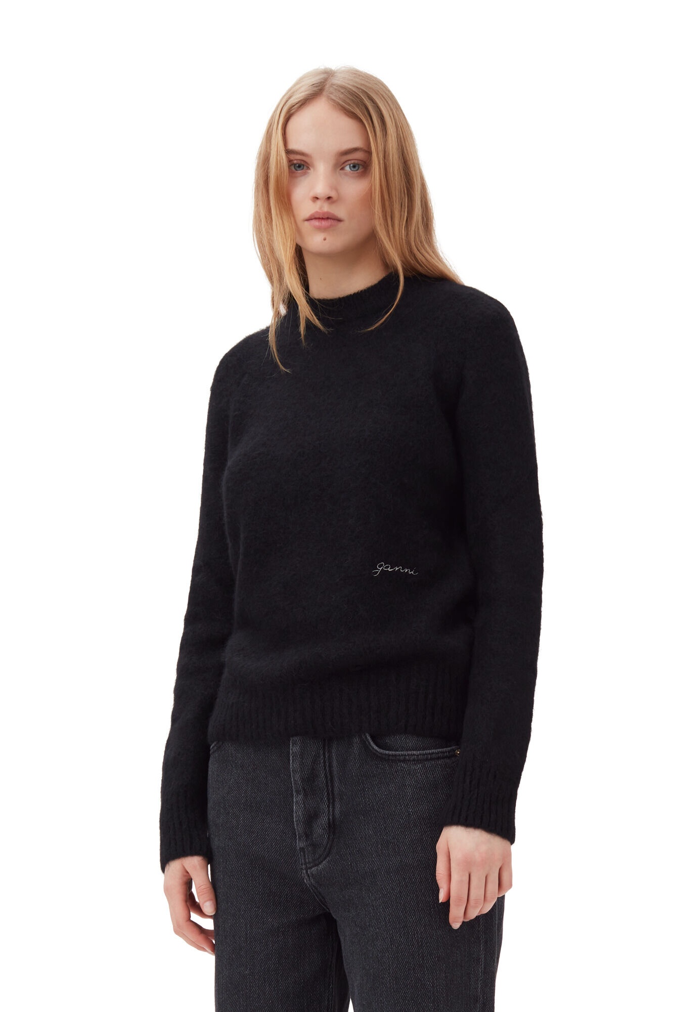 BLACK BRUSHED ALPACA O-NECK SWEATER - 3