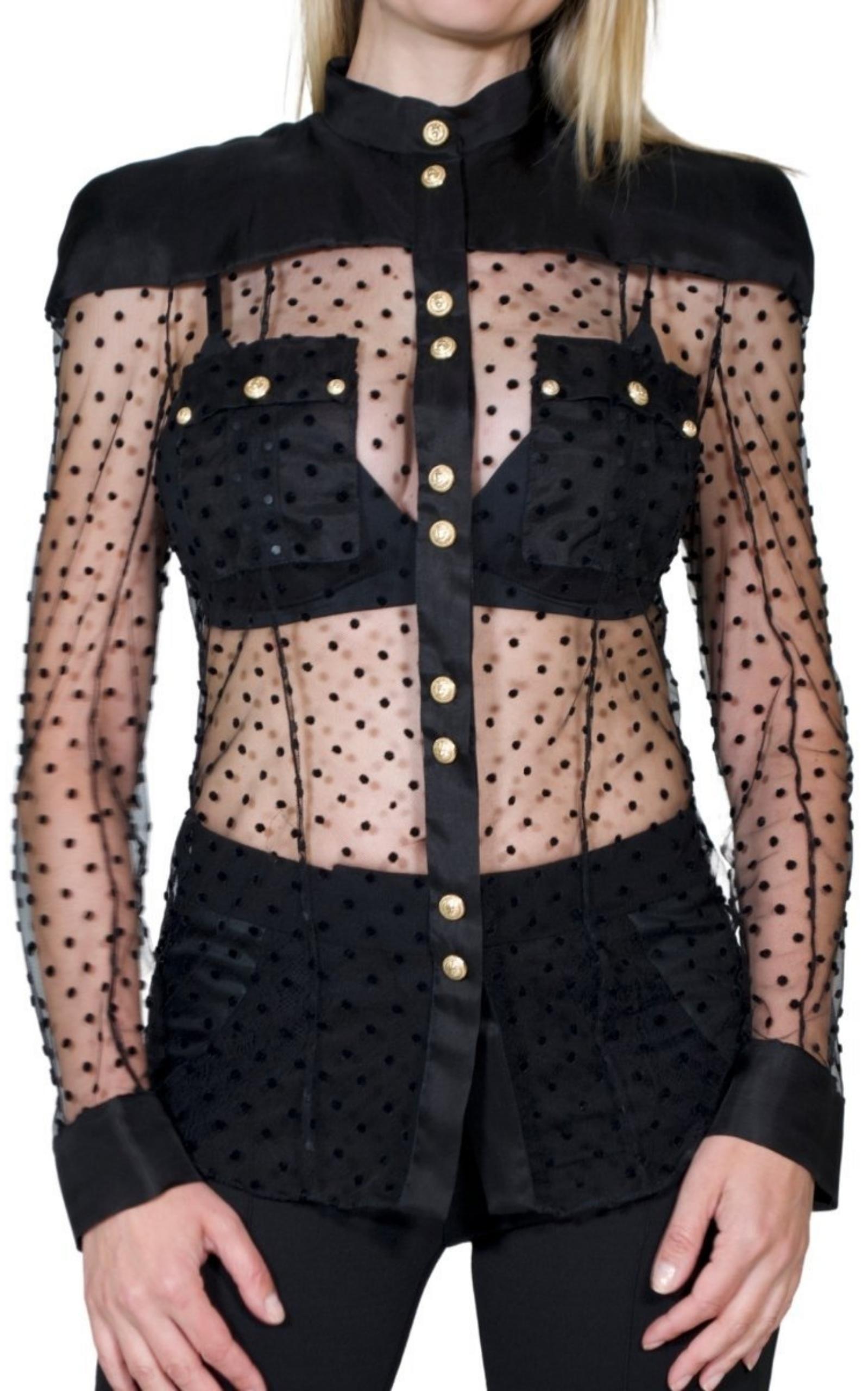 Long Sleeve Black Polka Dot Silk Shirt - 1