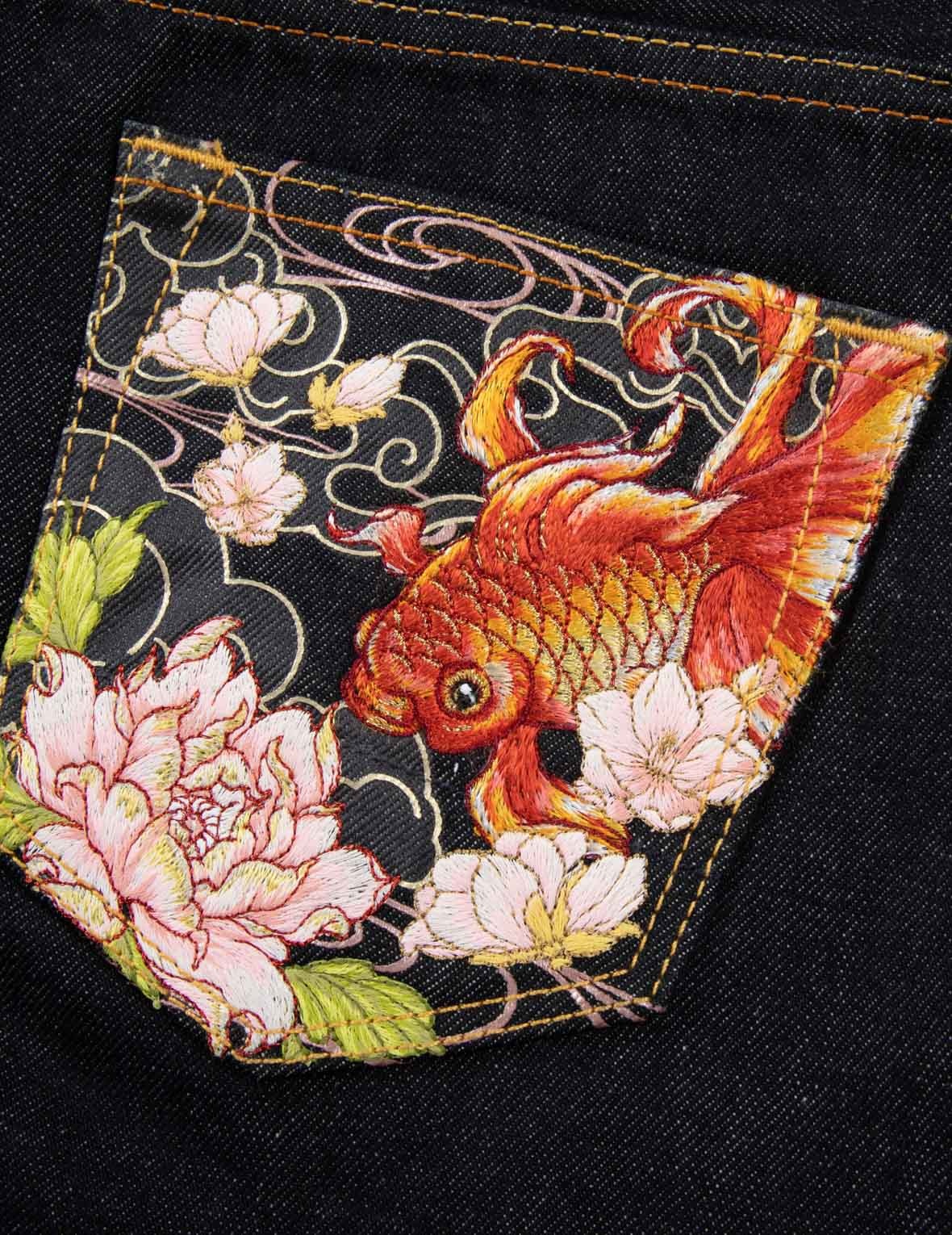 GOLDFISH AND FLORAL FLOW EMBROIDERY STRAIGHT FIT DENIM JEANS - 7