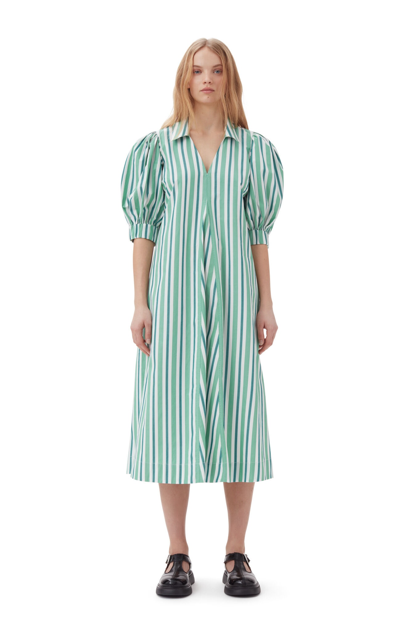 GREEN STRIPED COLLAR LONG DRESS - 4