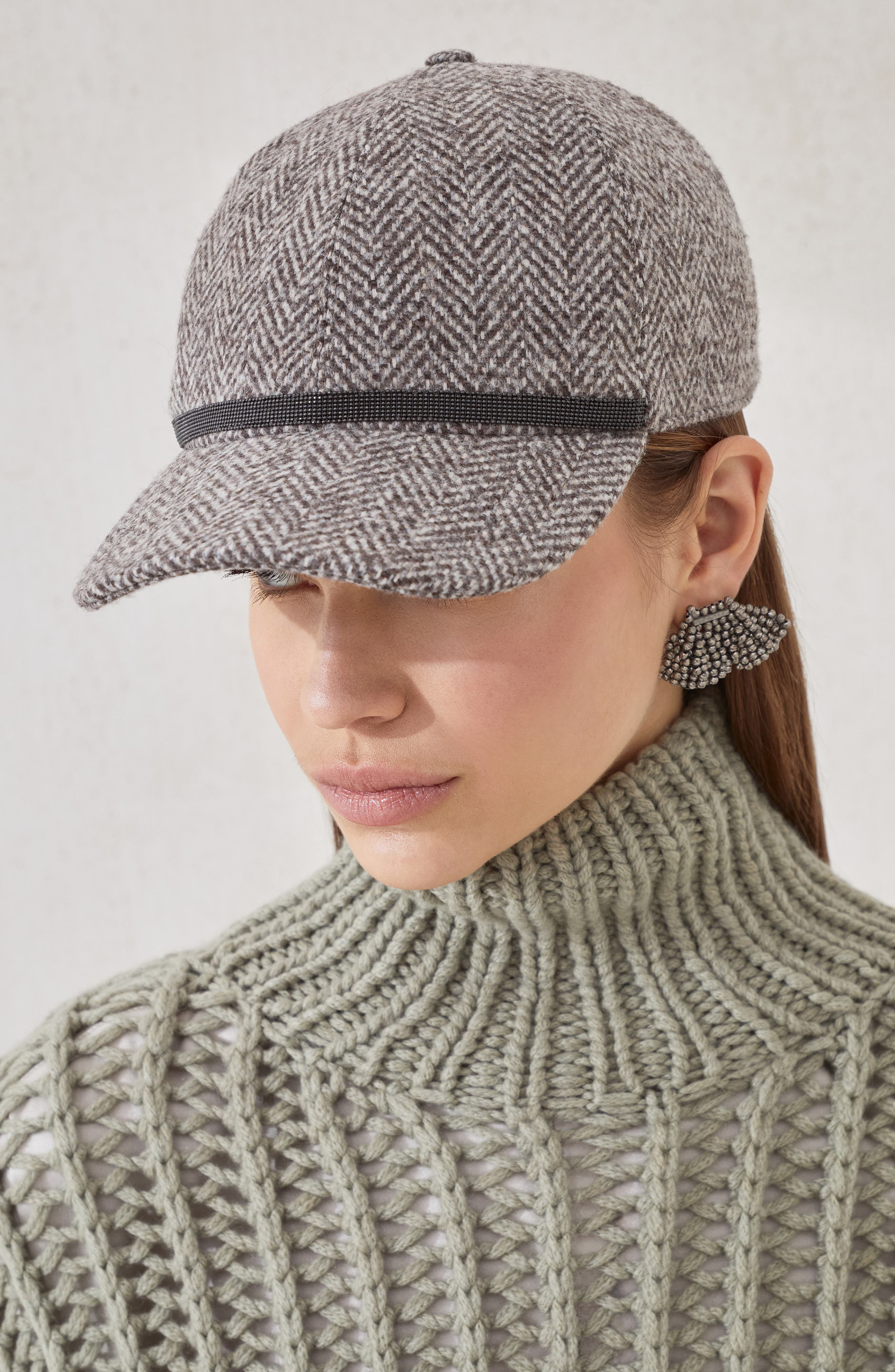 Brunello Cucinelli Tweed baseball cap with monili in Brown at Nordstrom - 4