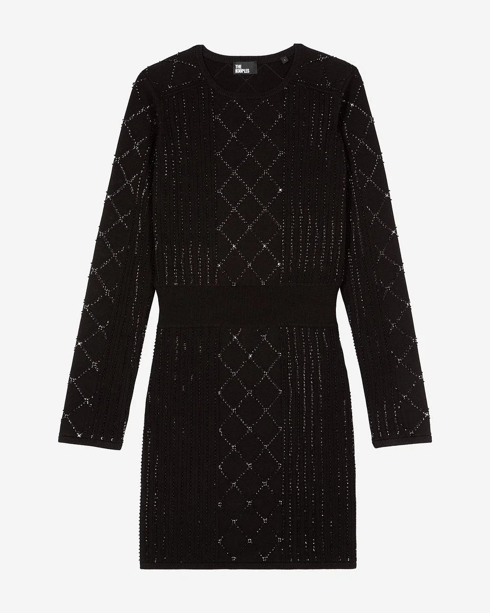 SHORT KNITTED DRESS WITH RHINESTONES AND PEARLS, BLACK - 1