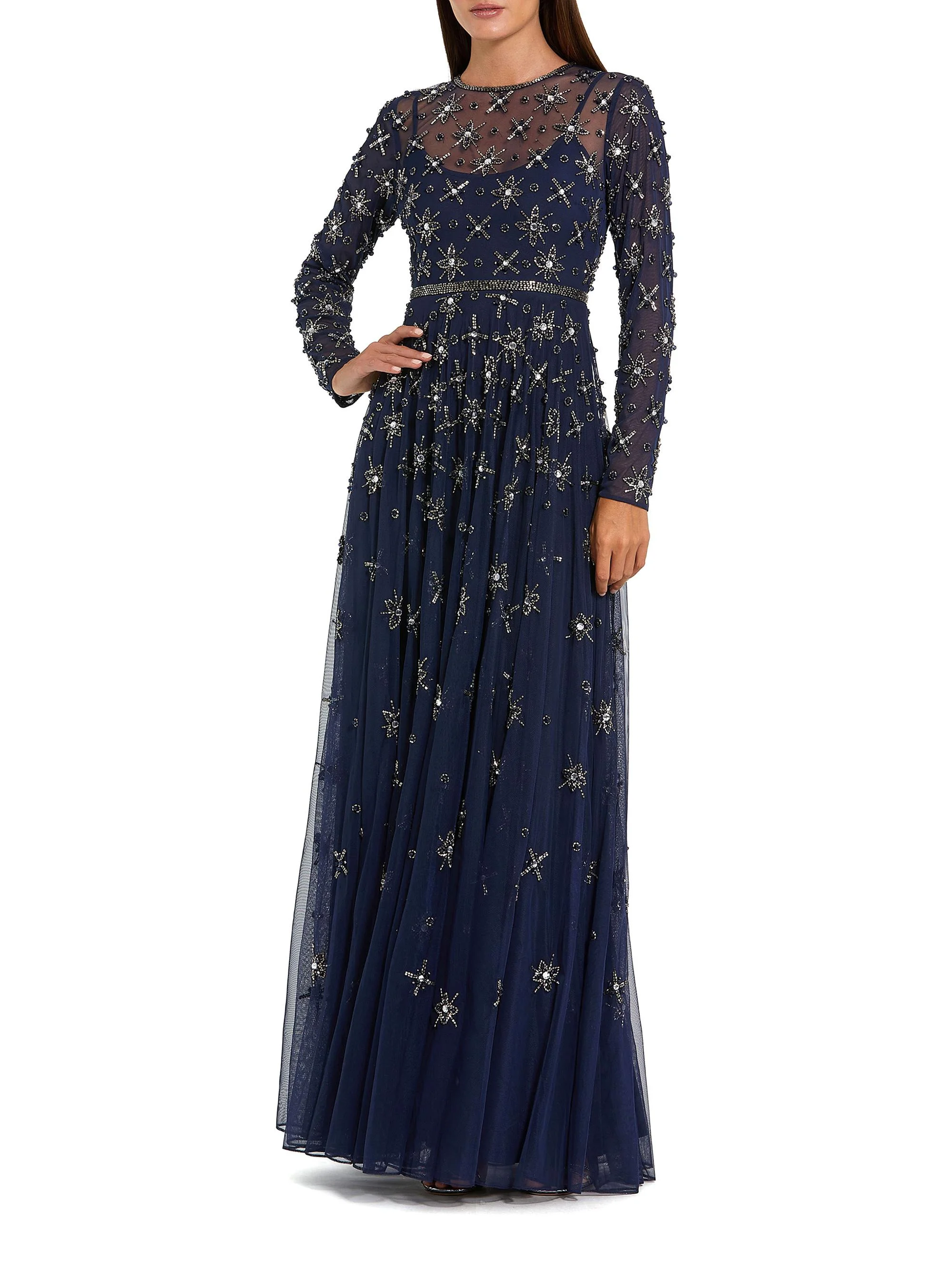 Women's Evening Embellished Mesh Gown - Midnight - 1