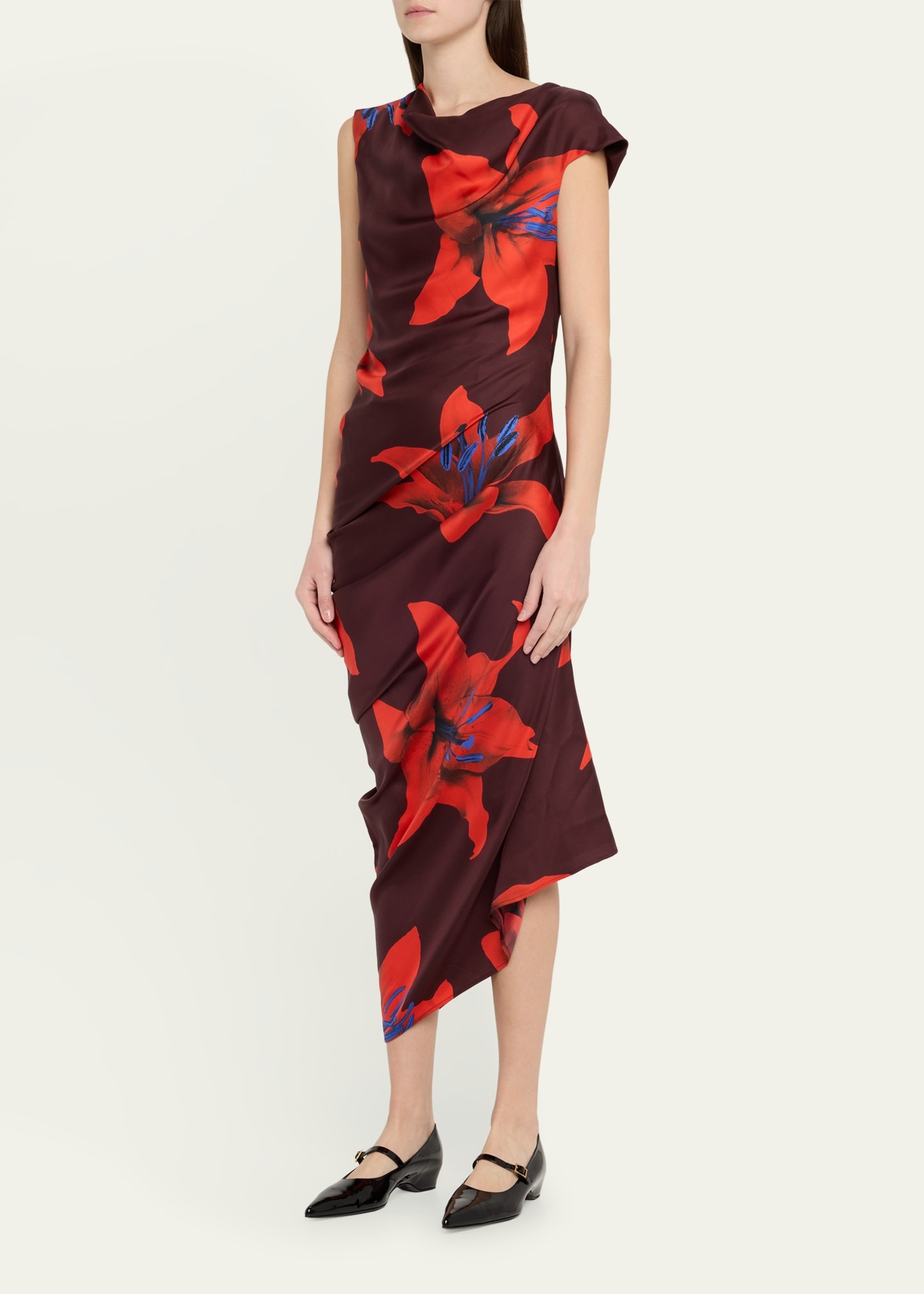 Lily-Print Draped Short-Sleeve Midi Dress - 4