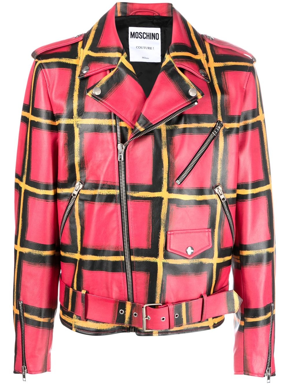 check-pattern leather jacket - 1