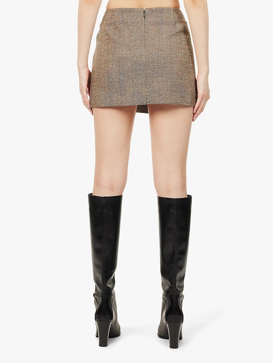 Herringbone-print buckles wool-blend mini skirt - 4