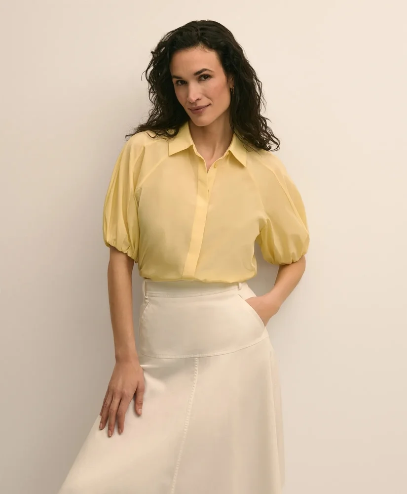 Silk-Cotton Elbow-Bubble-Sleeve Shirt - 1