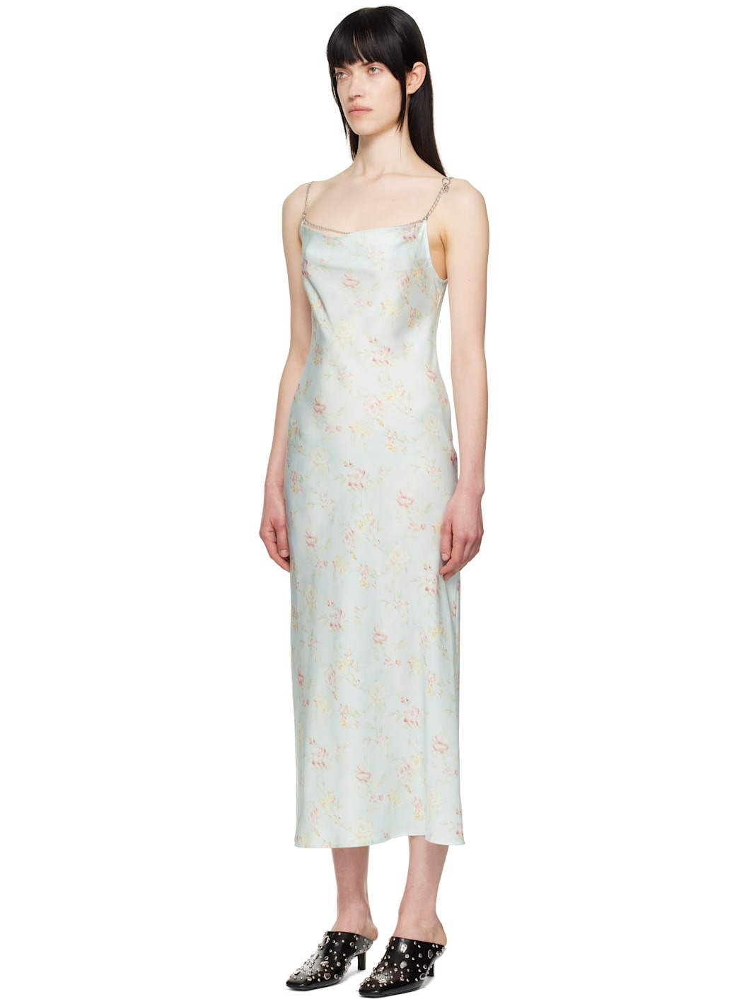 Blue Double Satin Printed Midi Dress - 4