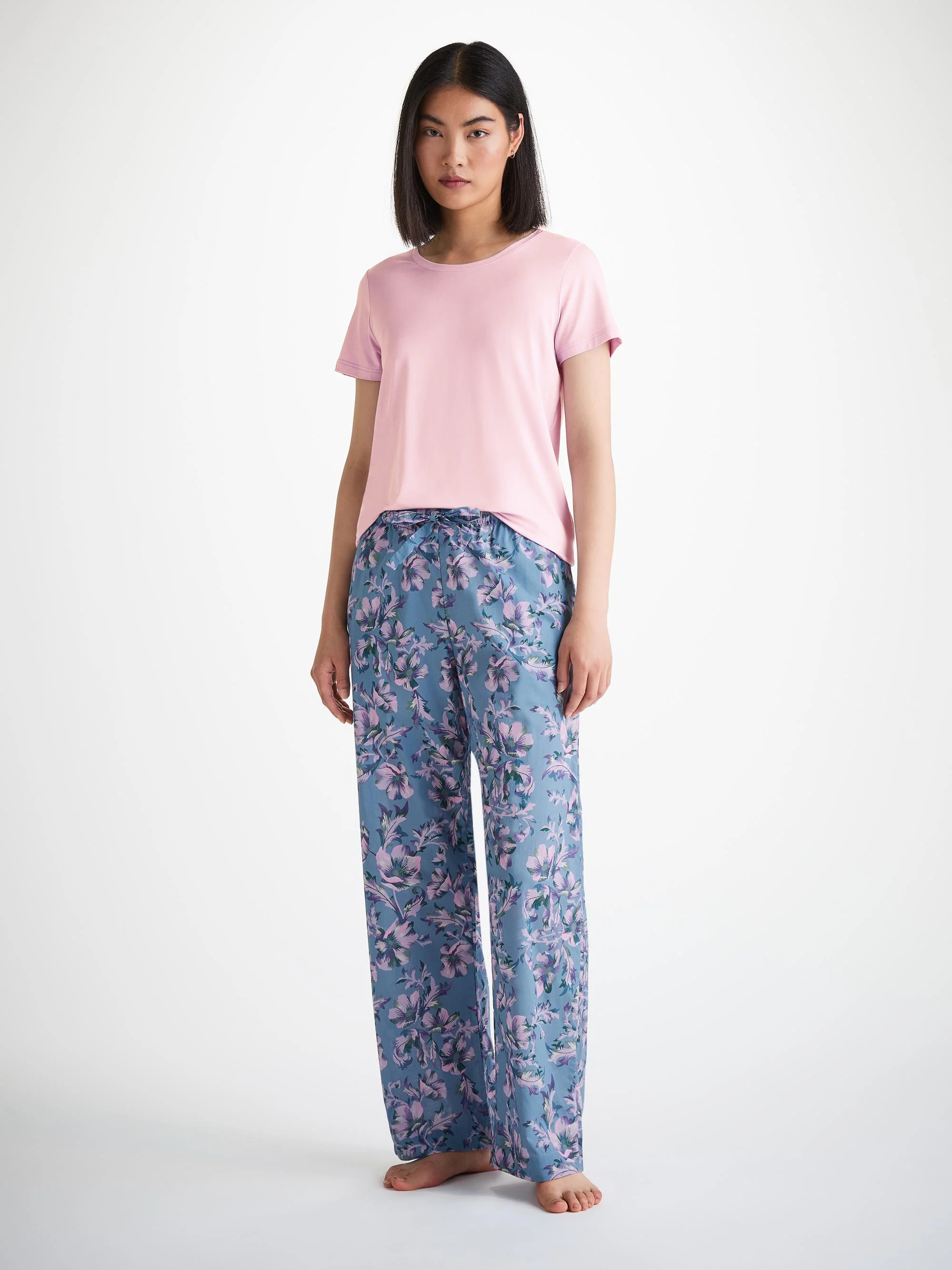 Women's Lounge Pants Cotton Batiste Blue Wildflower Print - 3