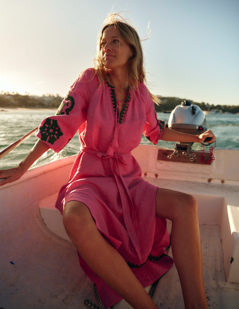 Embroidered Linen Tassel Dress-Sorbet Pink 3