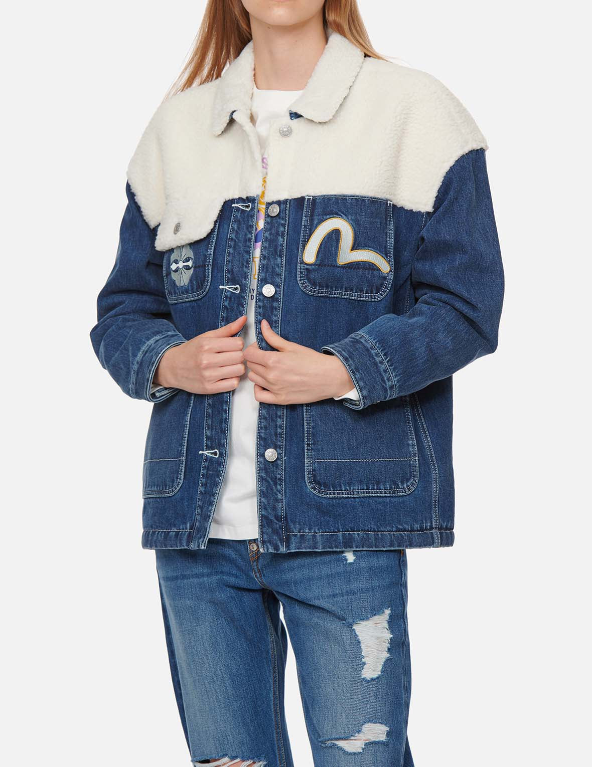 KAMON PRINT SHERPA MIXED DENIM SHIRT JACKET - 4