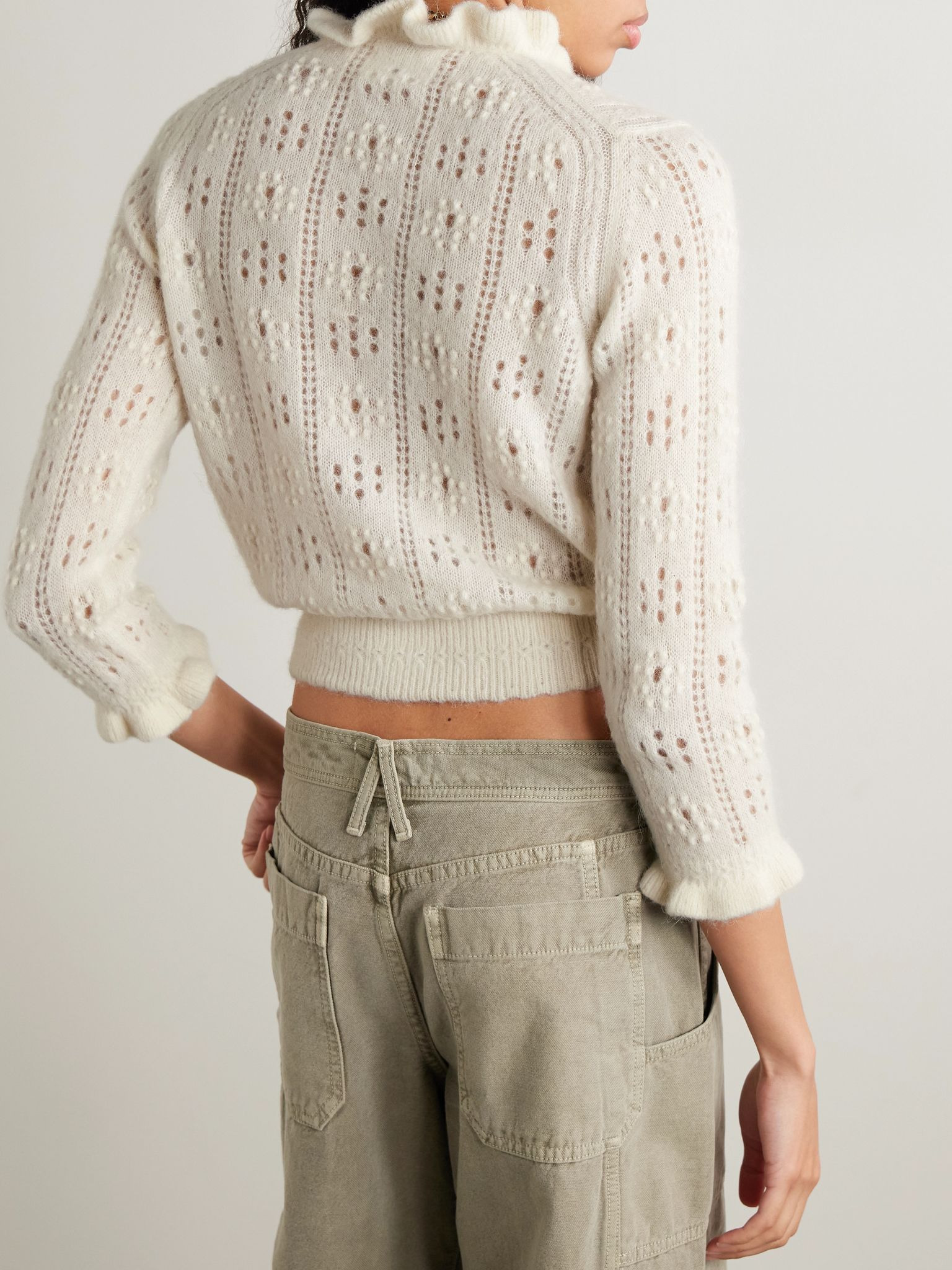 Claudie ruffled pointelle-knit alpaca-blend cardigan Ivory - 4