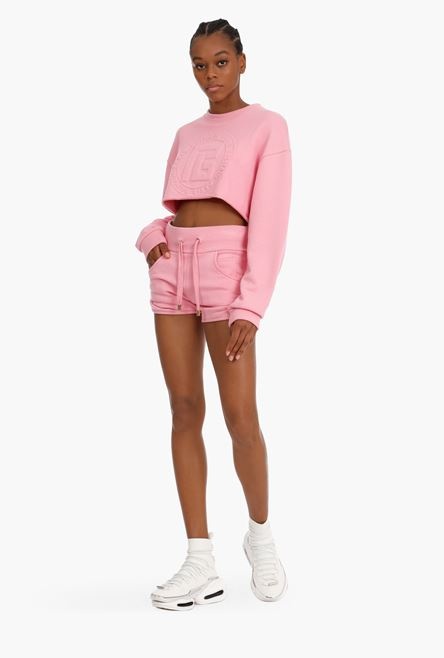 Cropped light pink sweatshirt with embossed Balmain logo - 2