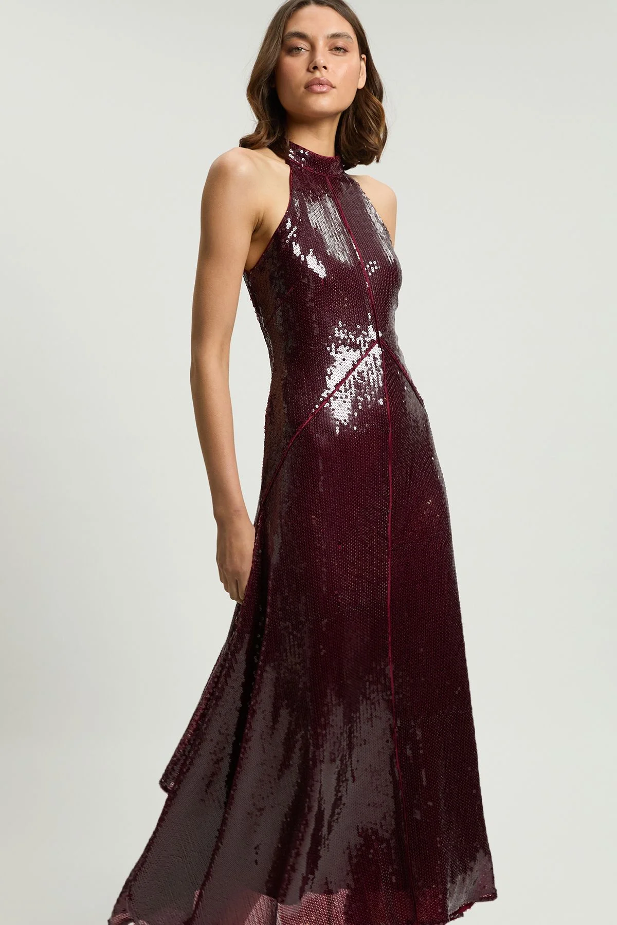 Sequin Halter Neck Hanky Hem Maxi Dress - 1