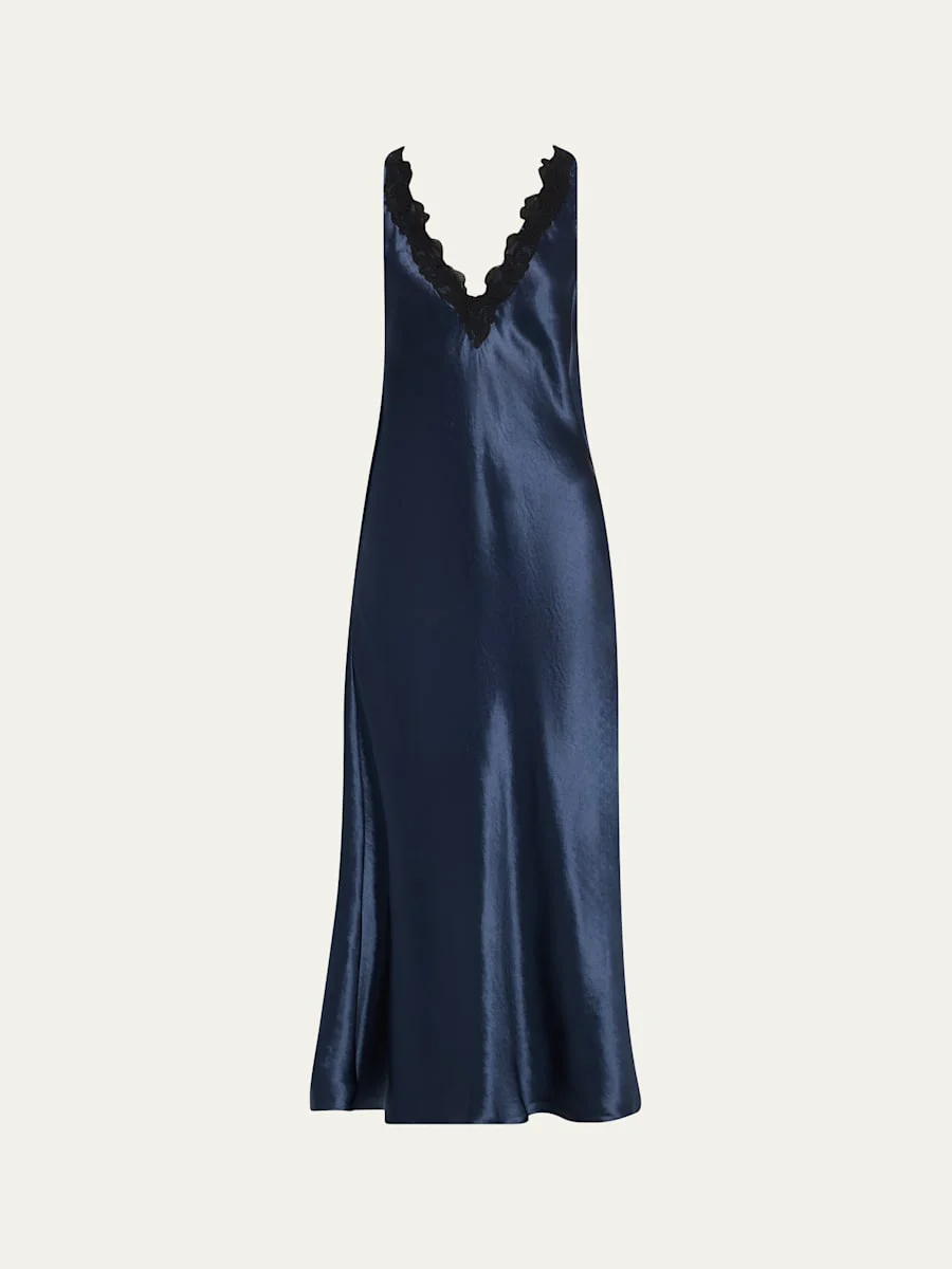 Lace-Trim V-Neck Satin Midi Slip Dress - 1
