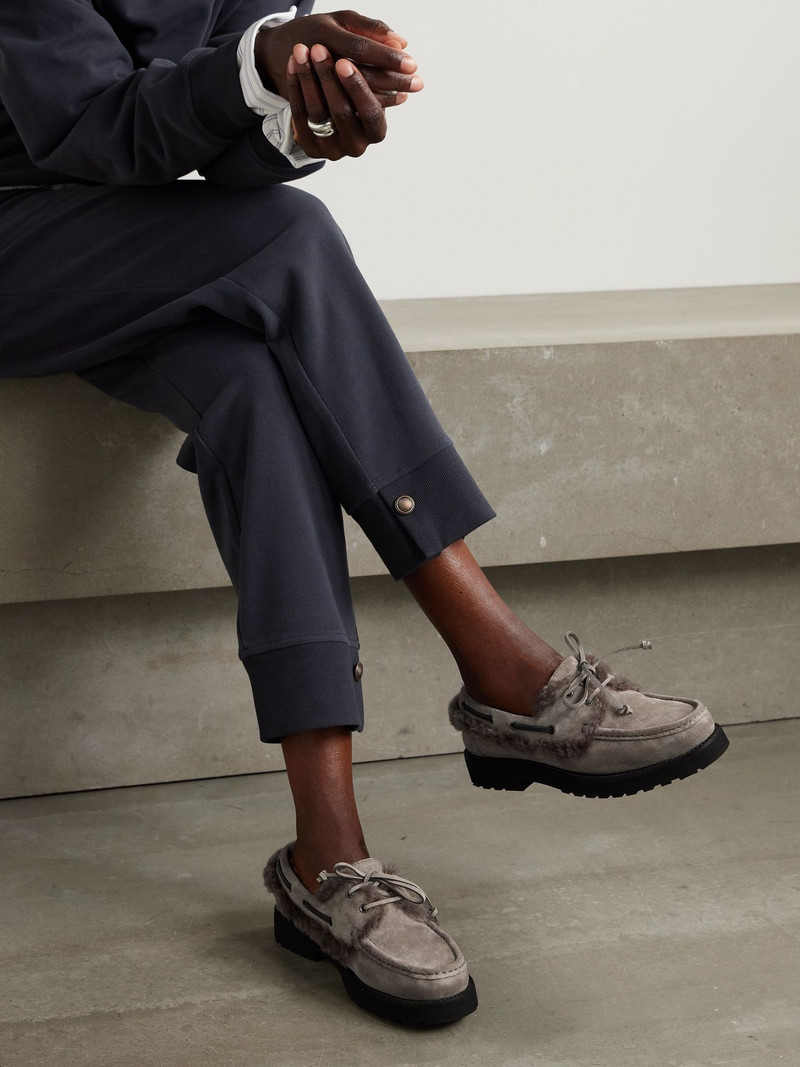 Brunello Cucinelli Bead-embellished shearling-trimmed suede loafers Light gray outlook