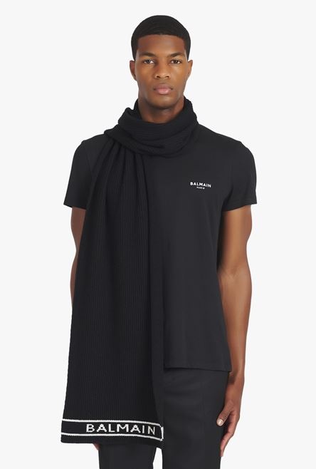 Black wool and cashmere scarf with embroidered white Balmain logo - 2