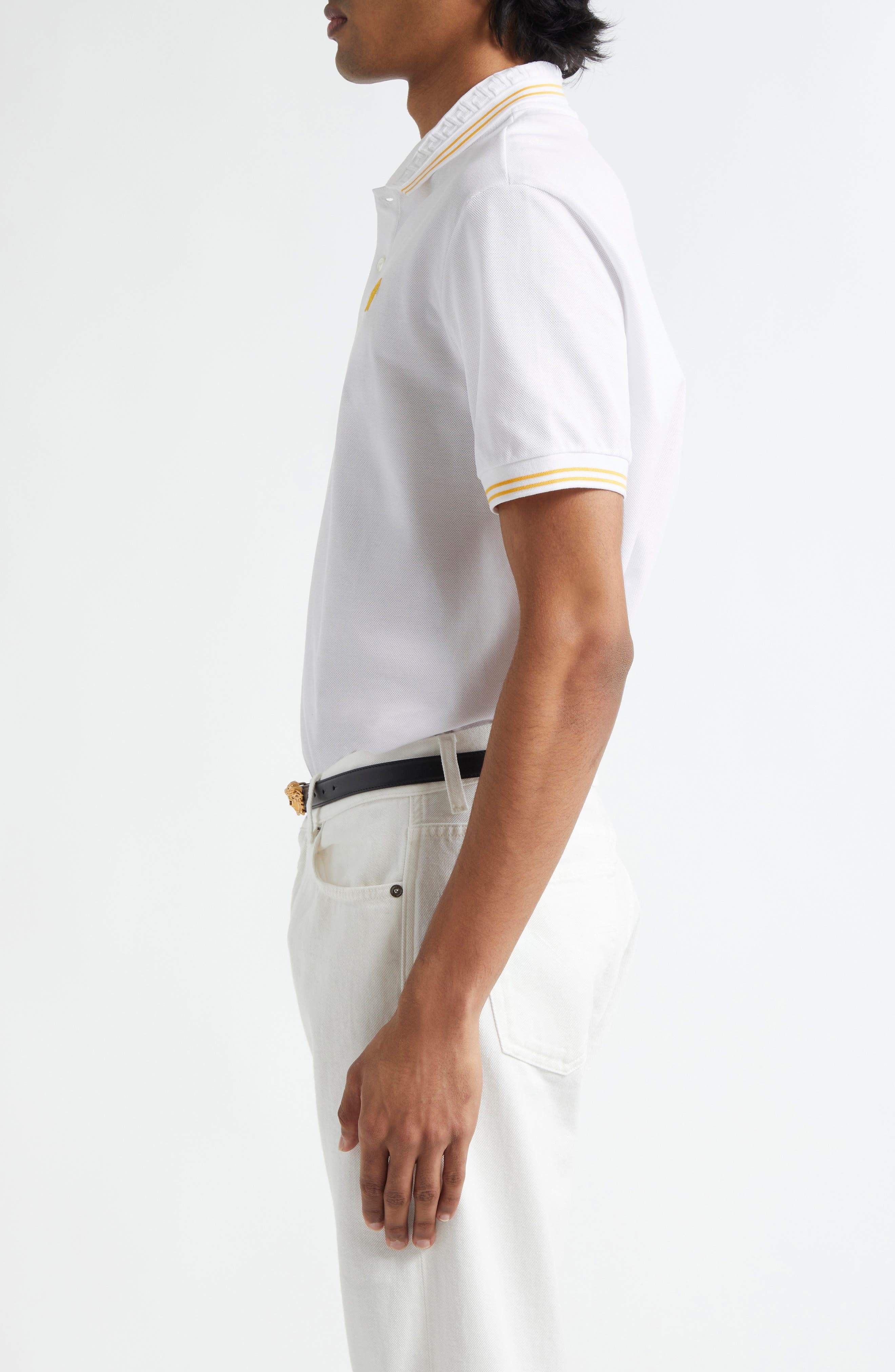 Versace Tipped Embroidered Medusa Cotton Piqué Polo in Optical White at Nordstrom - 4
