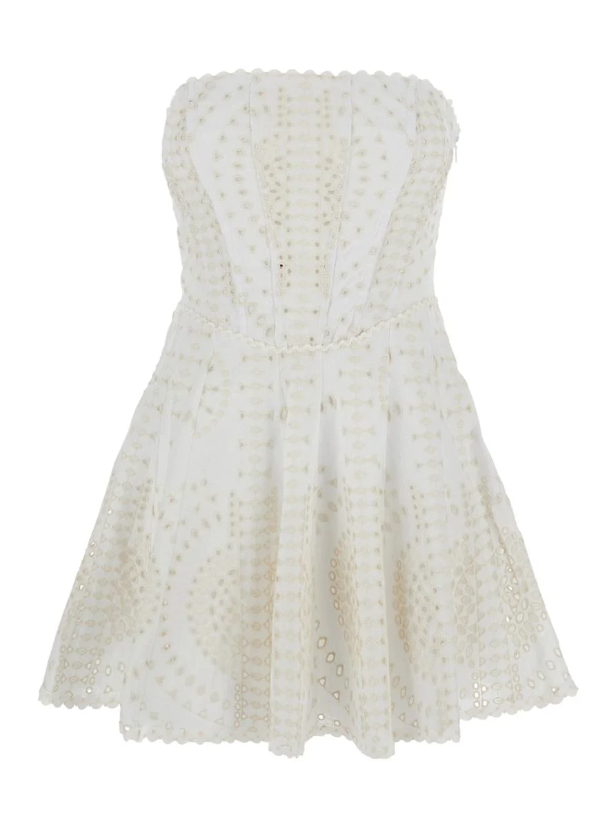 Charo Ruiz 'Clem' White Dress With Flounce Skirt And All-Over Embroidery In Cotton And Linen Blend W - 1