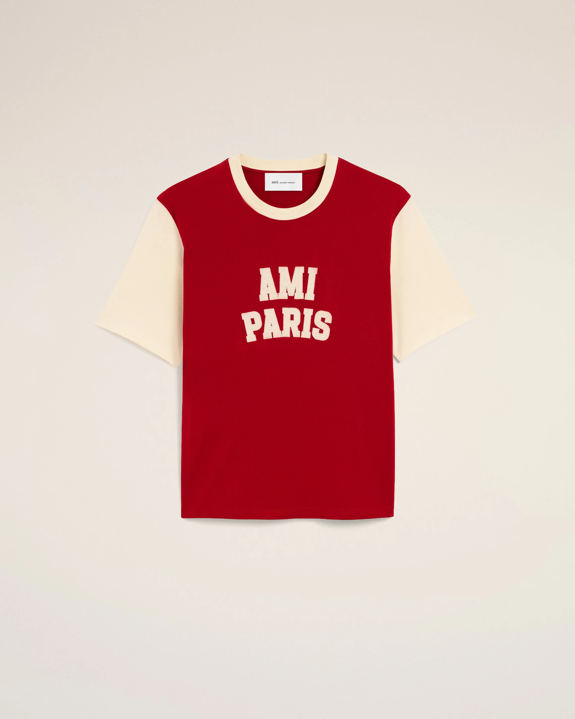 RED COTTON T-SHIRT WITH AMI PARIS EMBROIDERY - 1