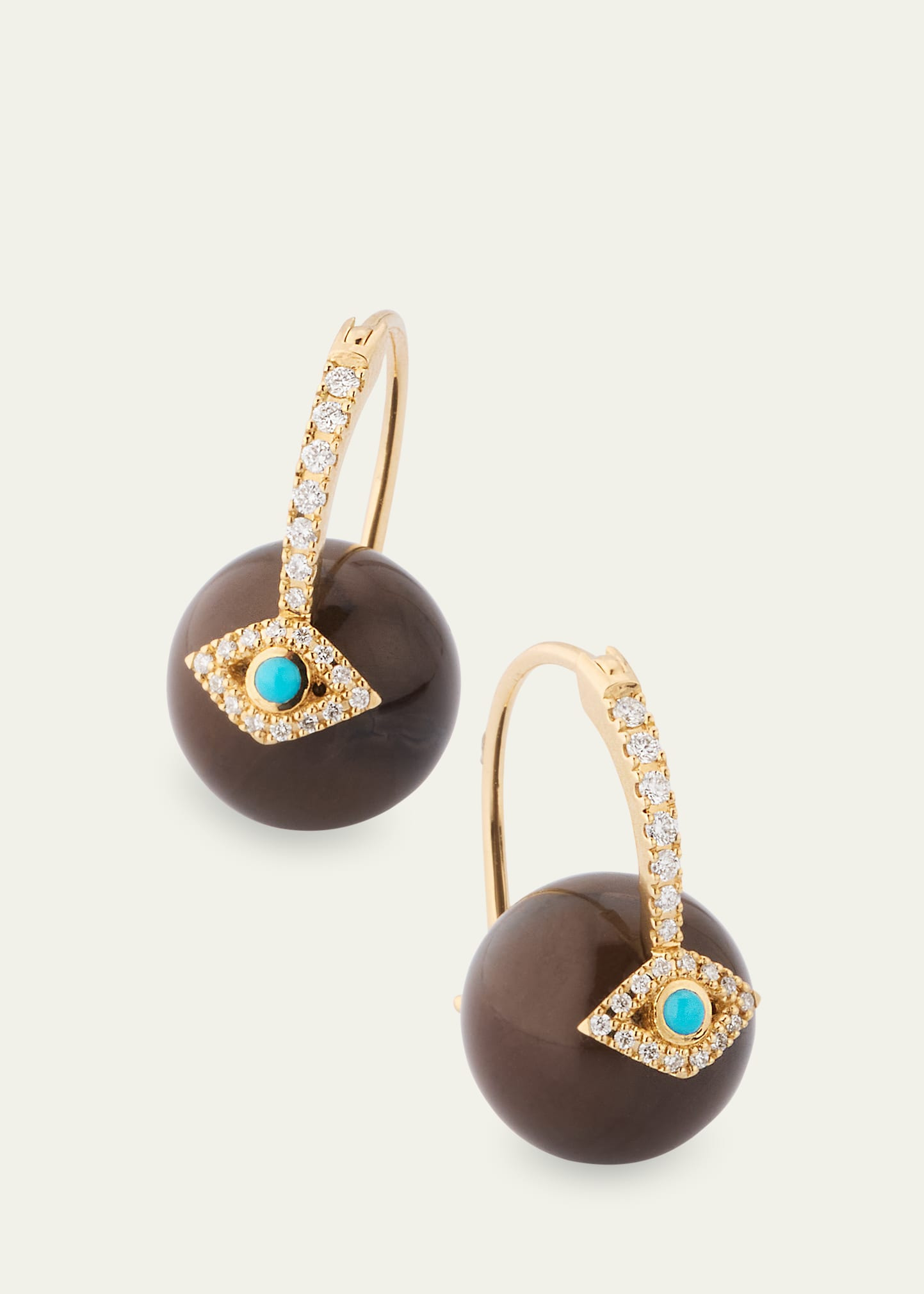 14K Yellow Gold Pave Diamond and Turquoise Evil Eye Bead Earrings - 3