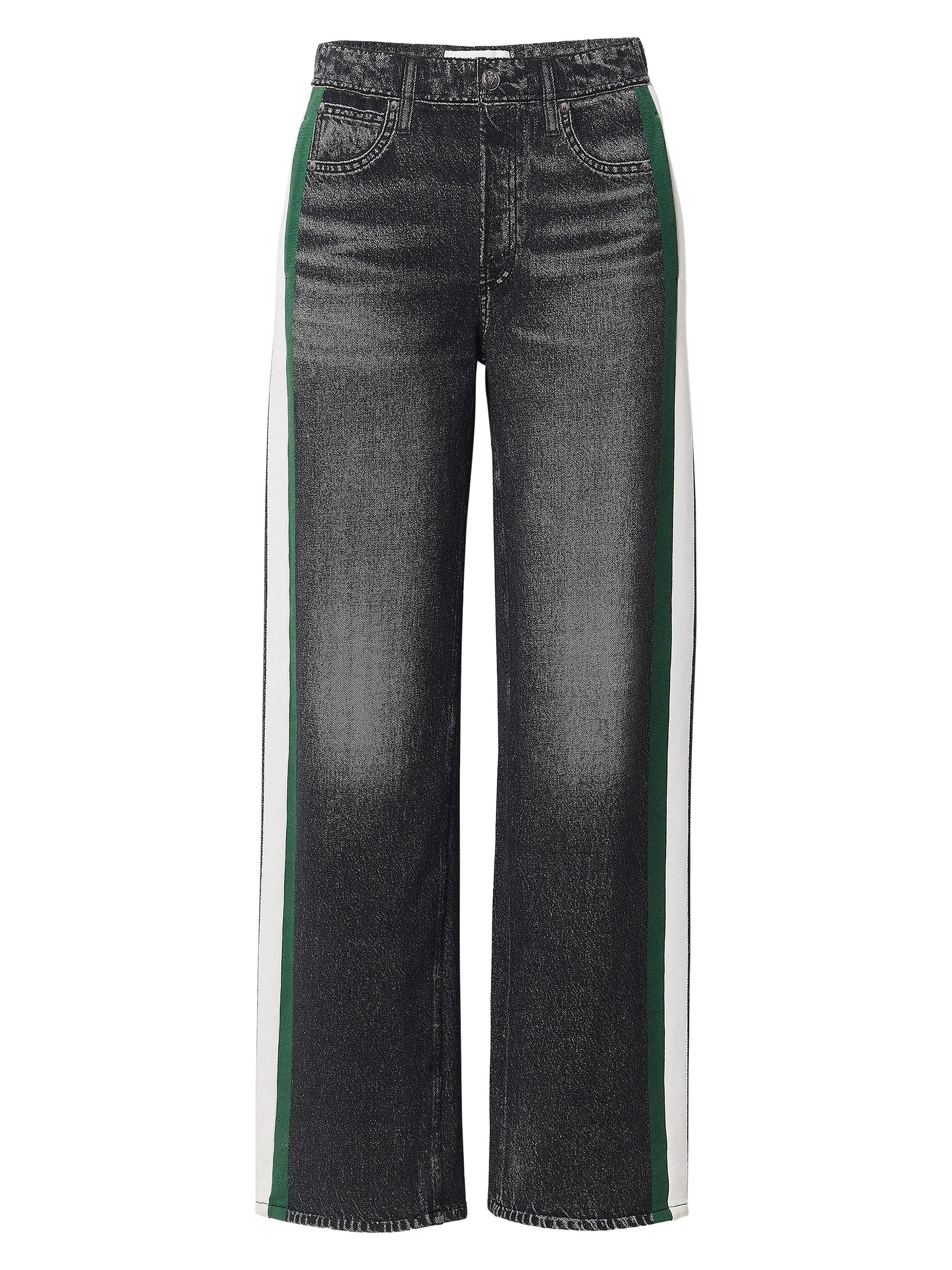 Women's rb Miramar Terry Cotton Wide-Leg Track Pants - Washed Black Green Stripe - 1