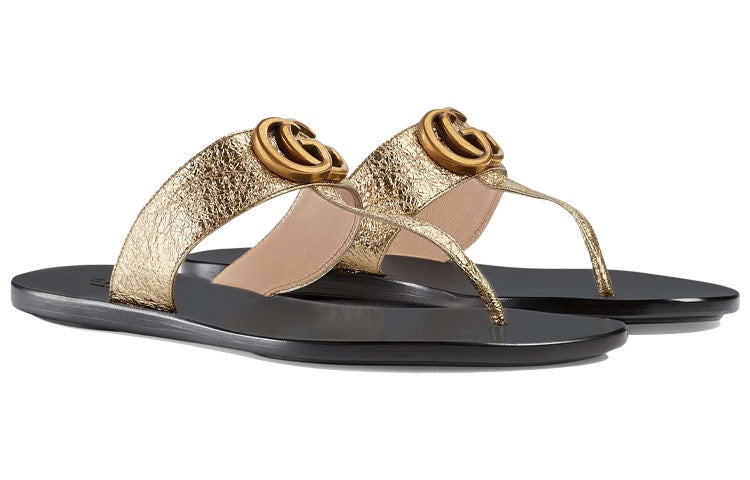 (WMNS) Gucci Double g Metallic Leather Gold Color Slippers 497444-0B7N0-7100 - 3