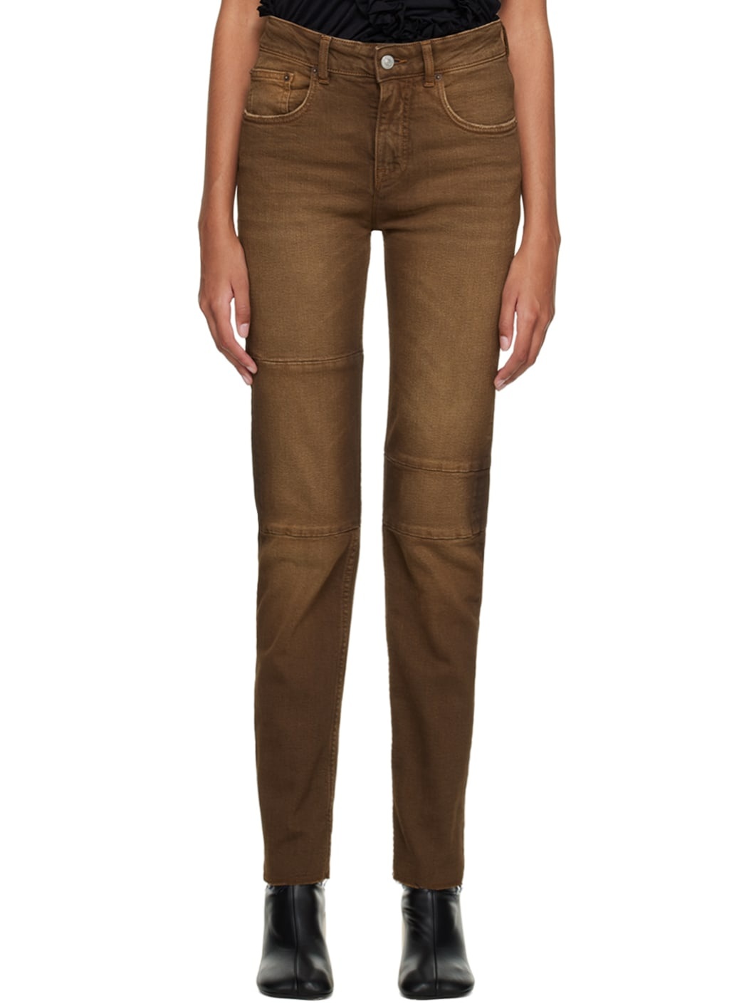 Brown Paneled Jeans - 1