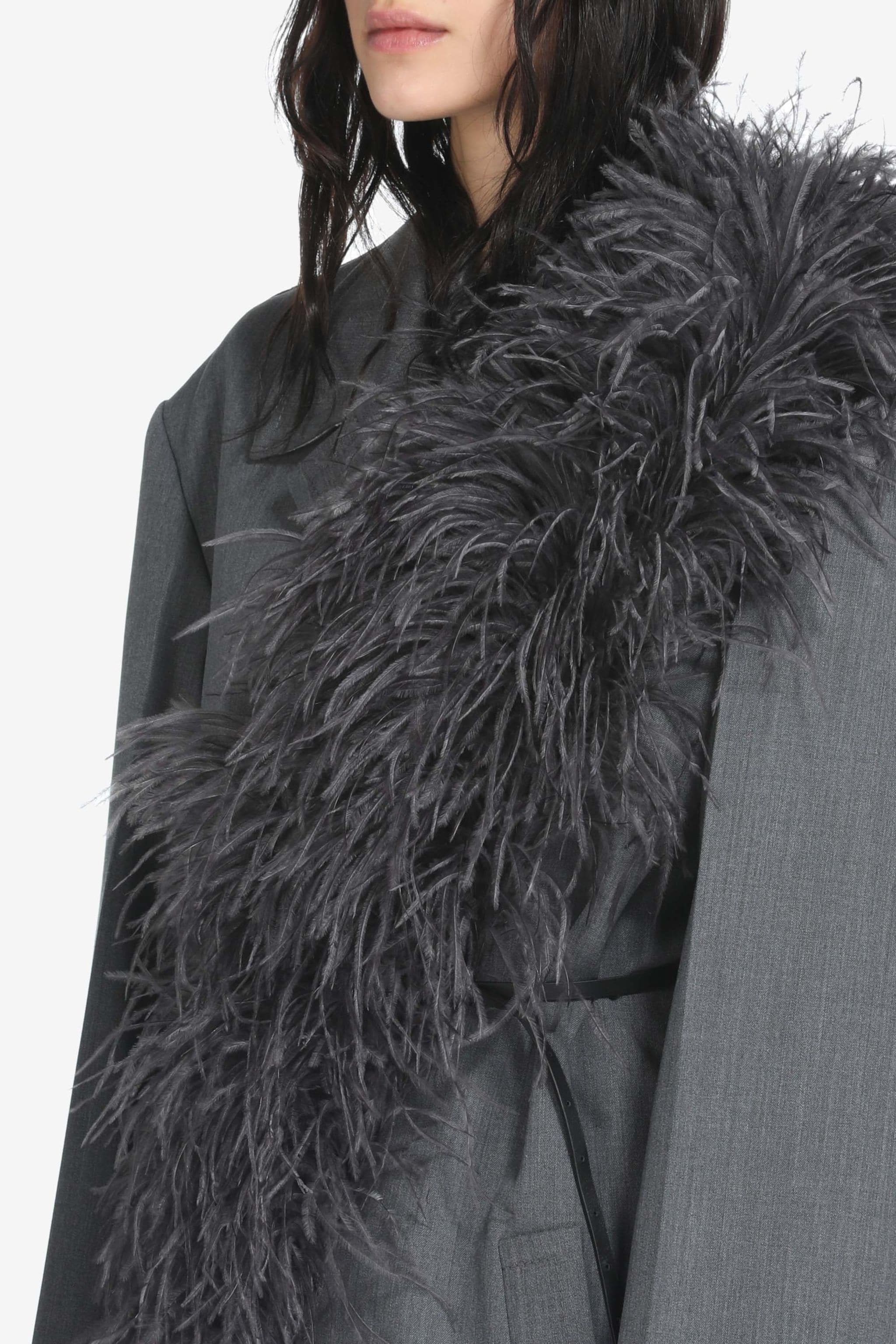 FEATHER-TRIM DOUBLE-BREASTED COAT - 4