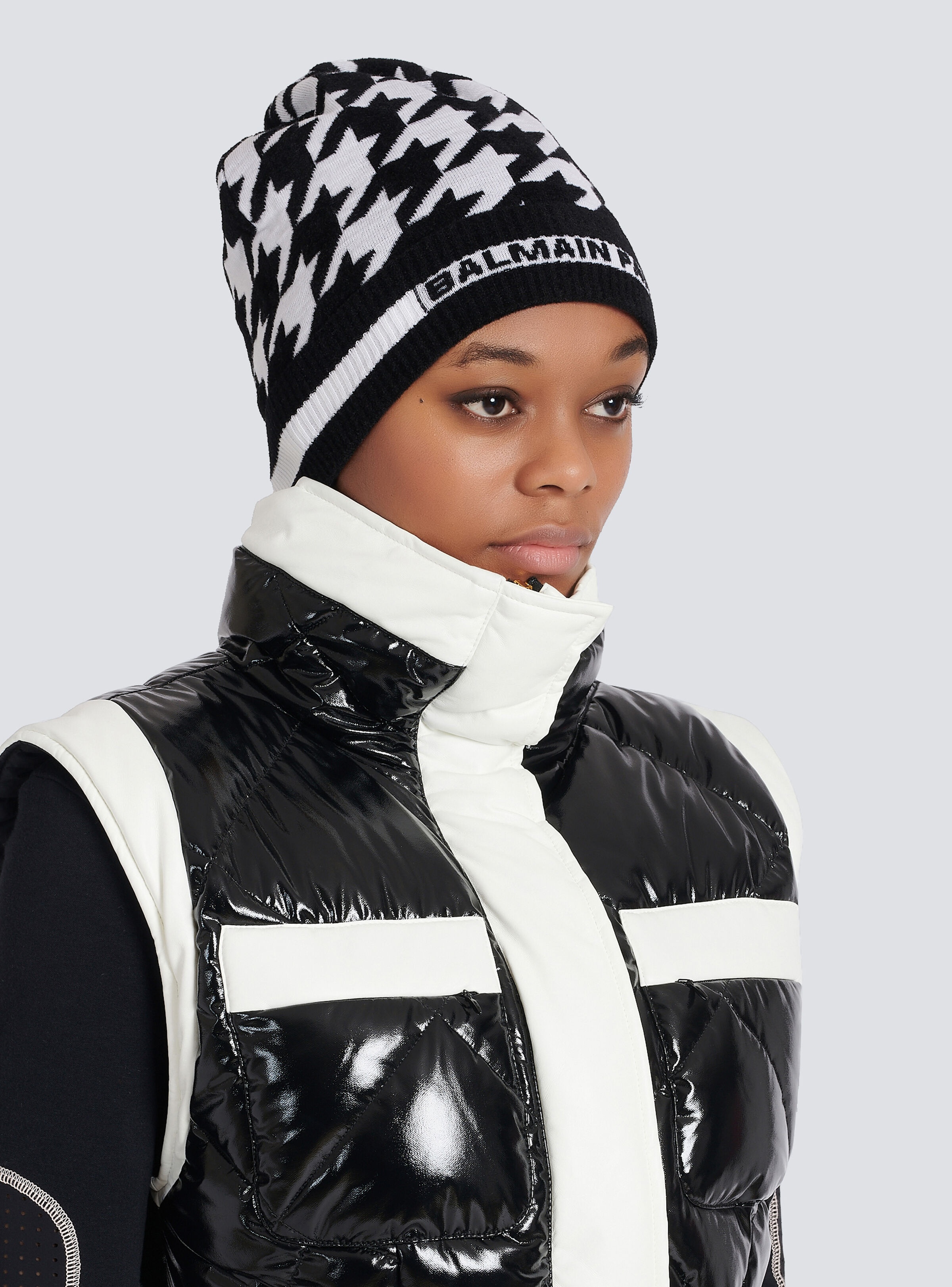 Houndstooth print wool and velvet beanie - 3