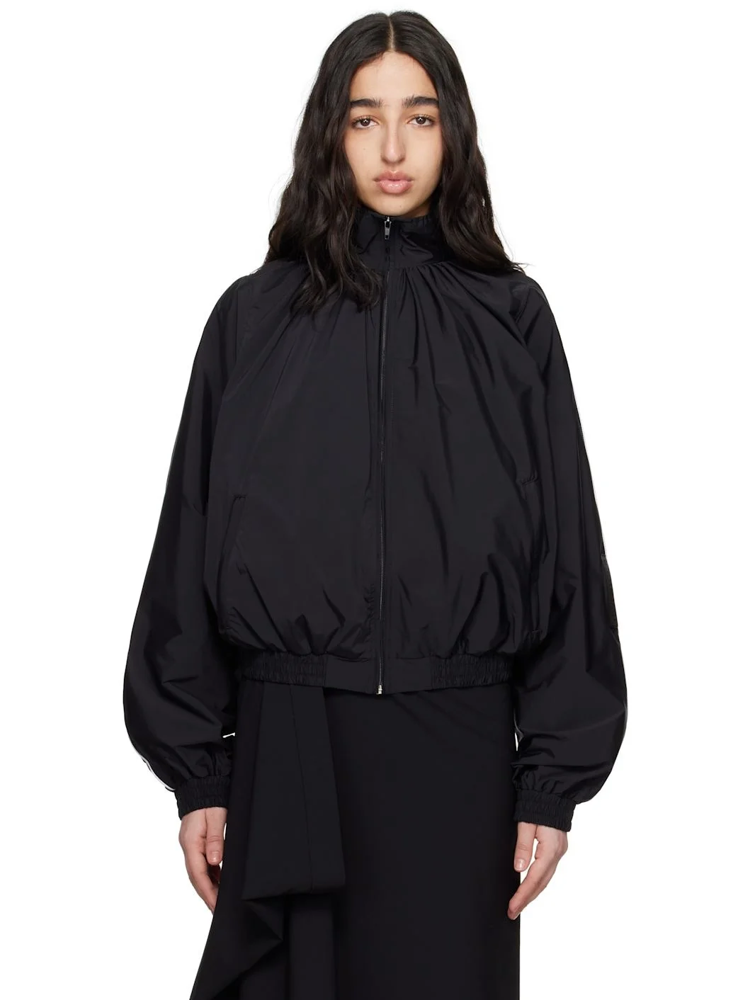 Black Gathered Neck Track Jacket - 1