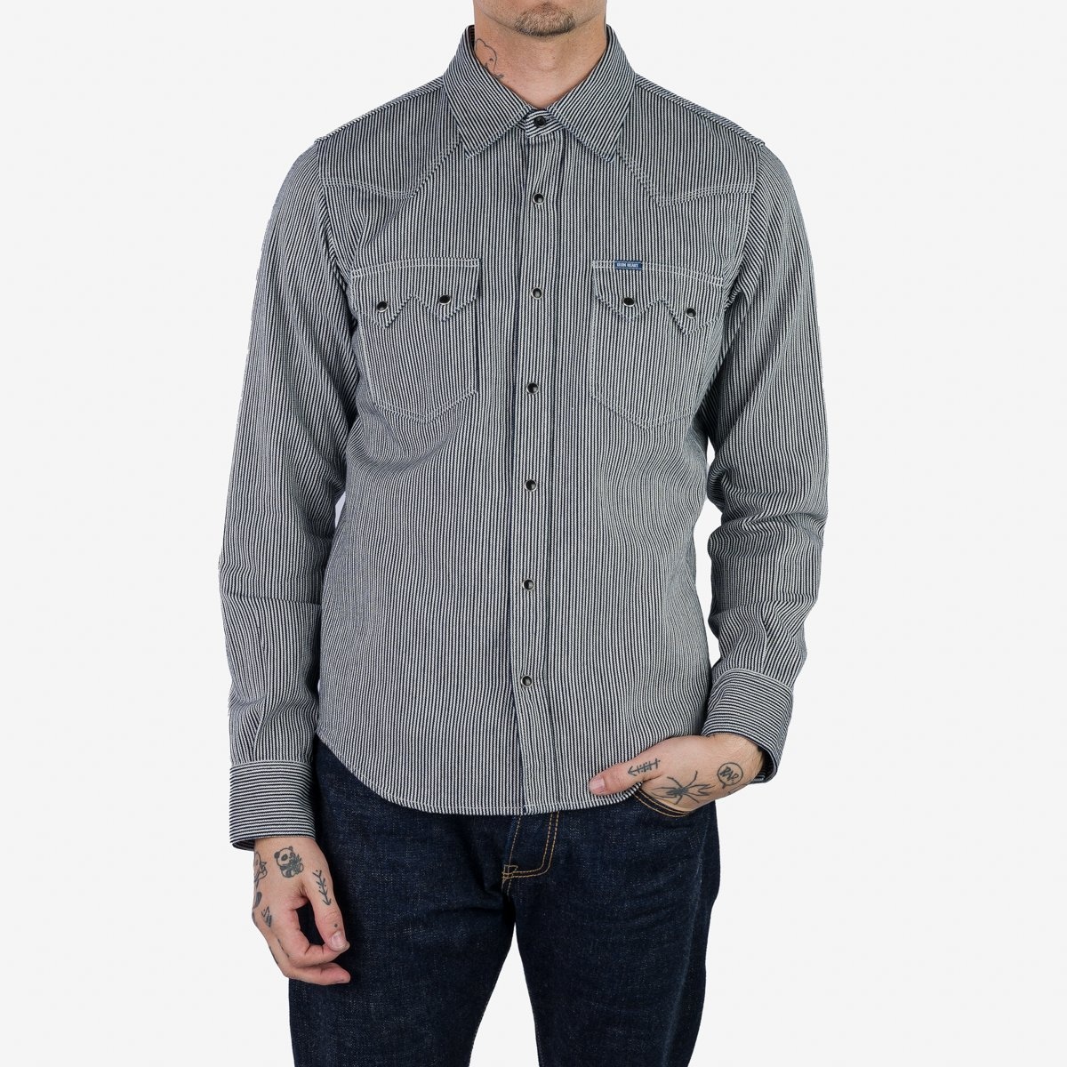IHSH-365-IND 8oz Herringbone Hickory Stripe Sawtooth Western Shirt - Indigo - 3