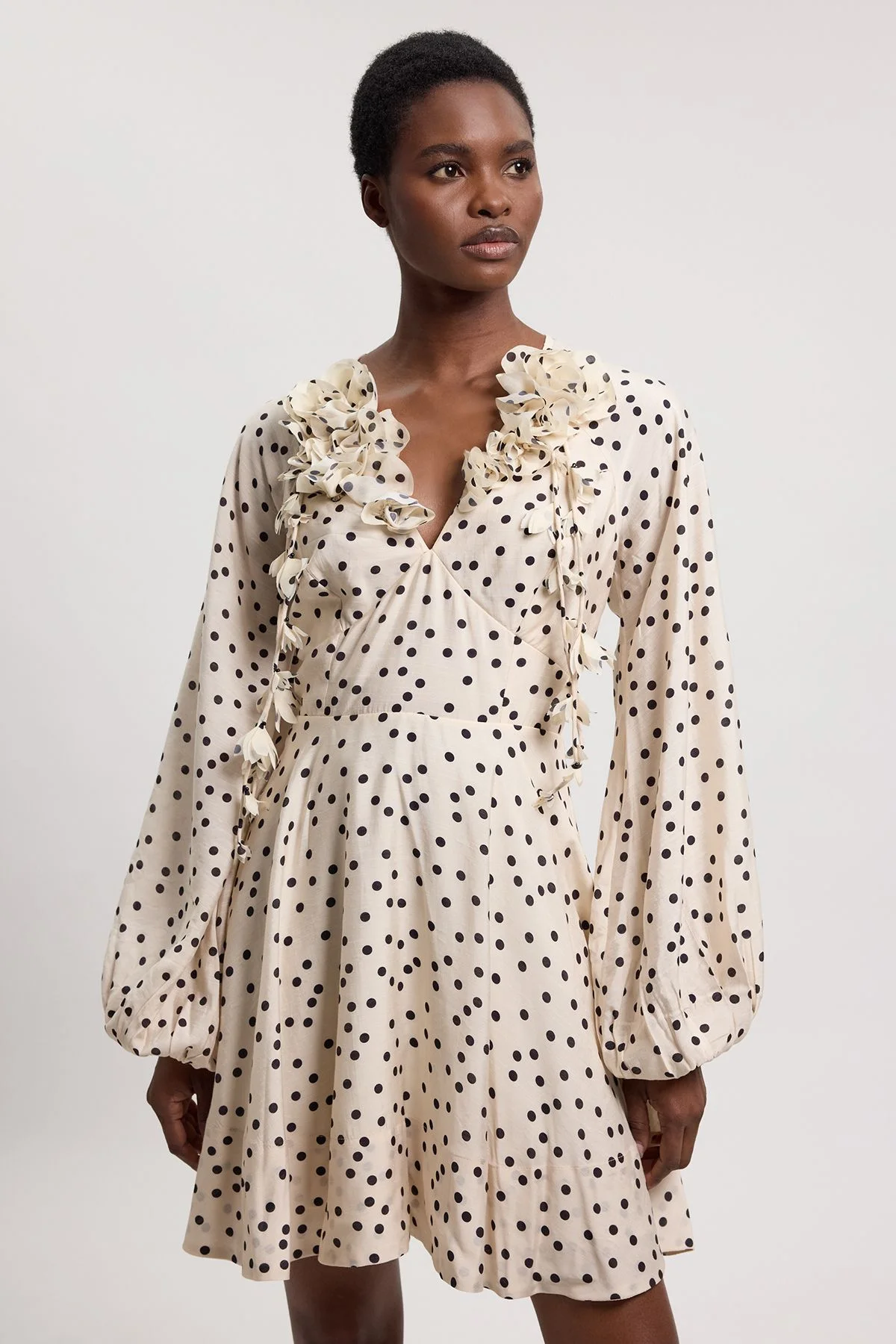 Applique Spot Printed Woven Cold Shoulder Woven Mini Dress - 1
