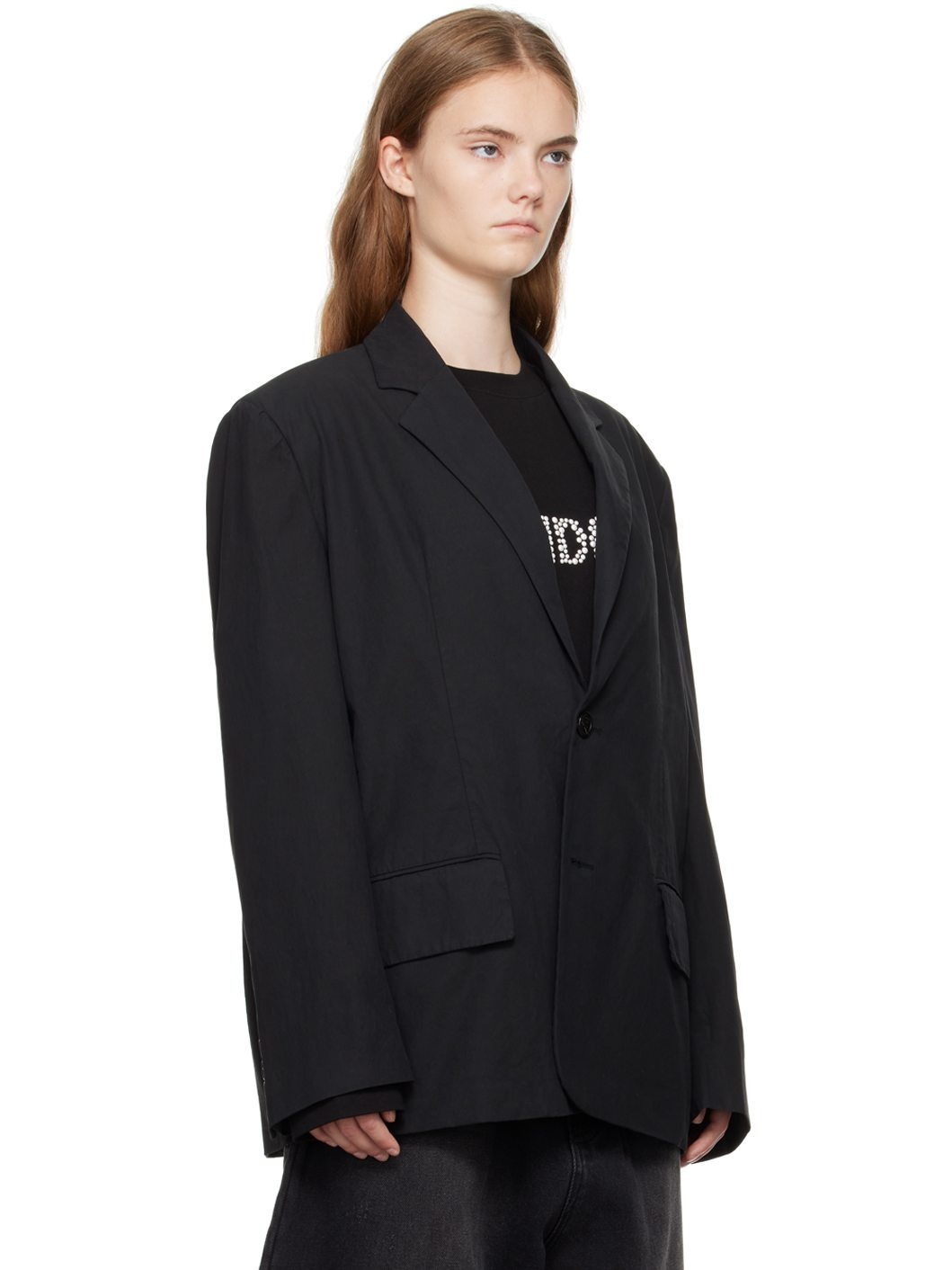Black Padded Shoulder Blazer - 2