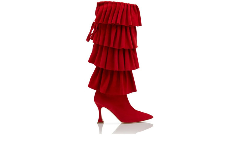 Red Suede Ruffled Knee High Boots - 1