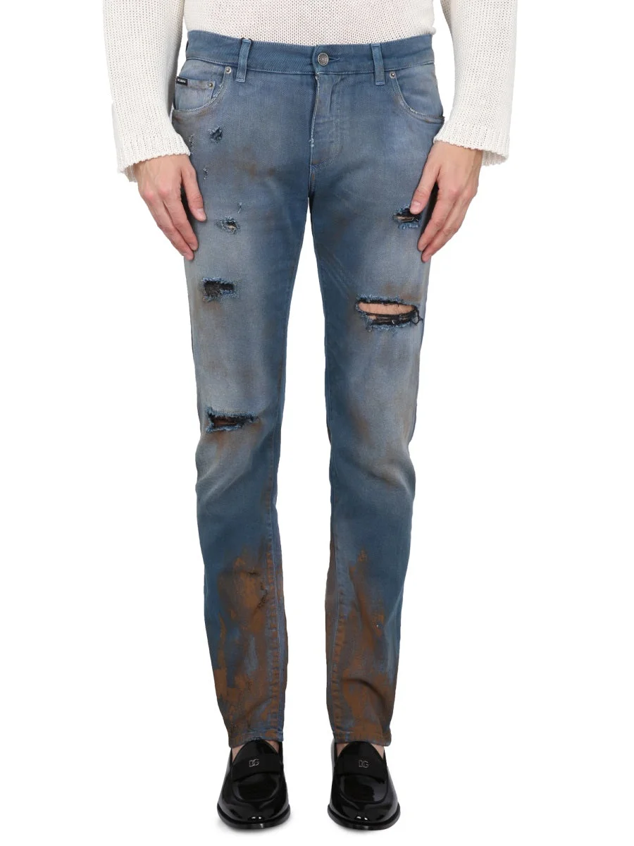 DOLCE & GABBANA SKINNY FIT COTTON DENIM JEANS with LOGO PLAQUE - 1