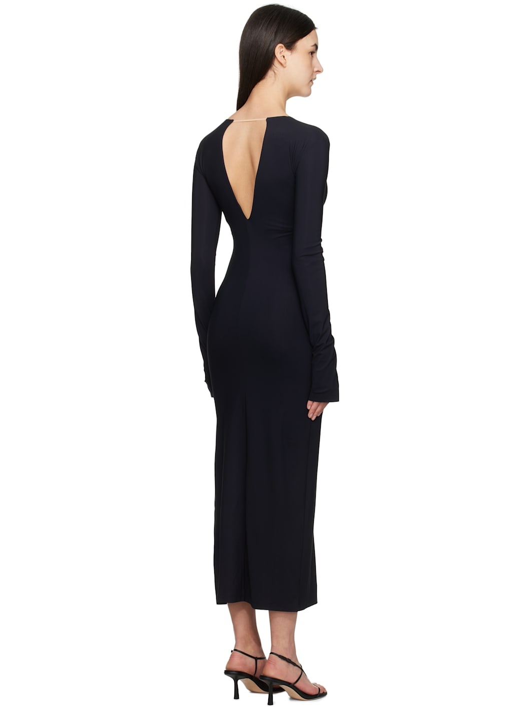Black Lycra Jersey Pluge Maxi Dress - 3