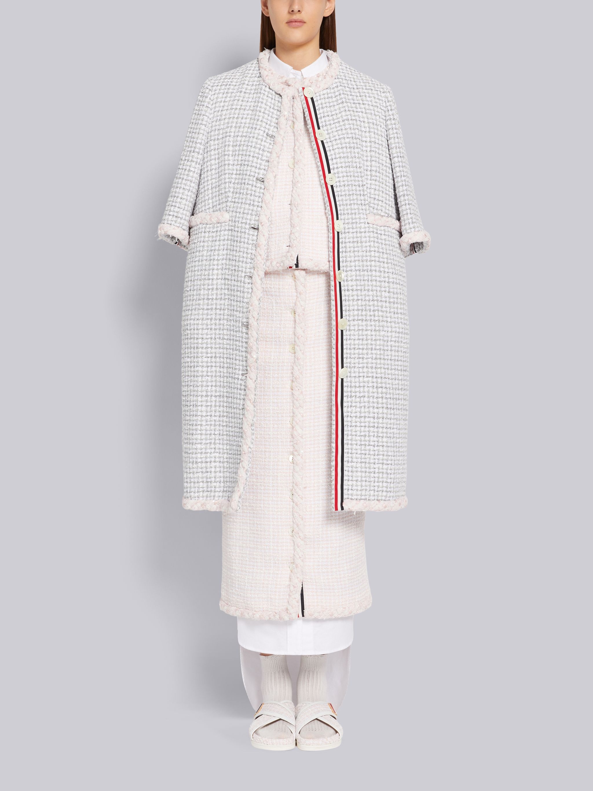 Light Pink Small Hopsack Check Tweed Braided Trim Button Front Low Rise Ankle Length Cardigan Skirt - 4