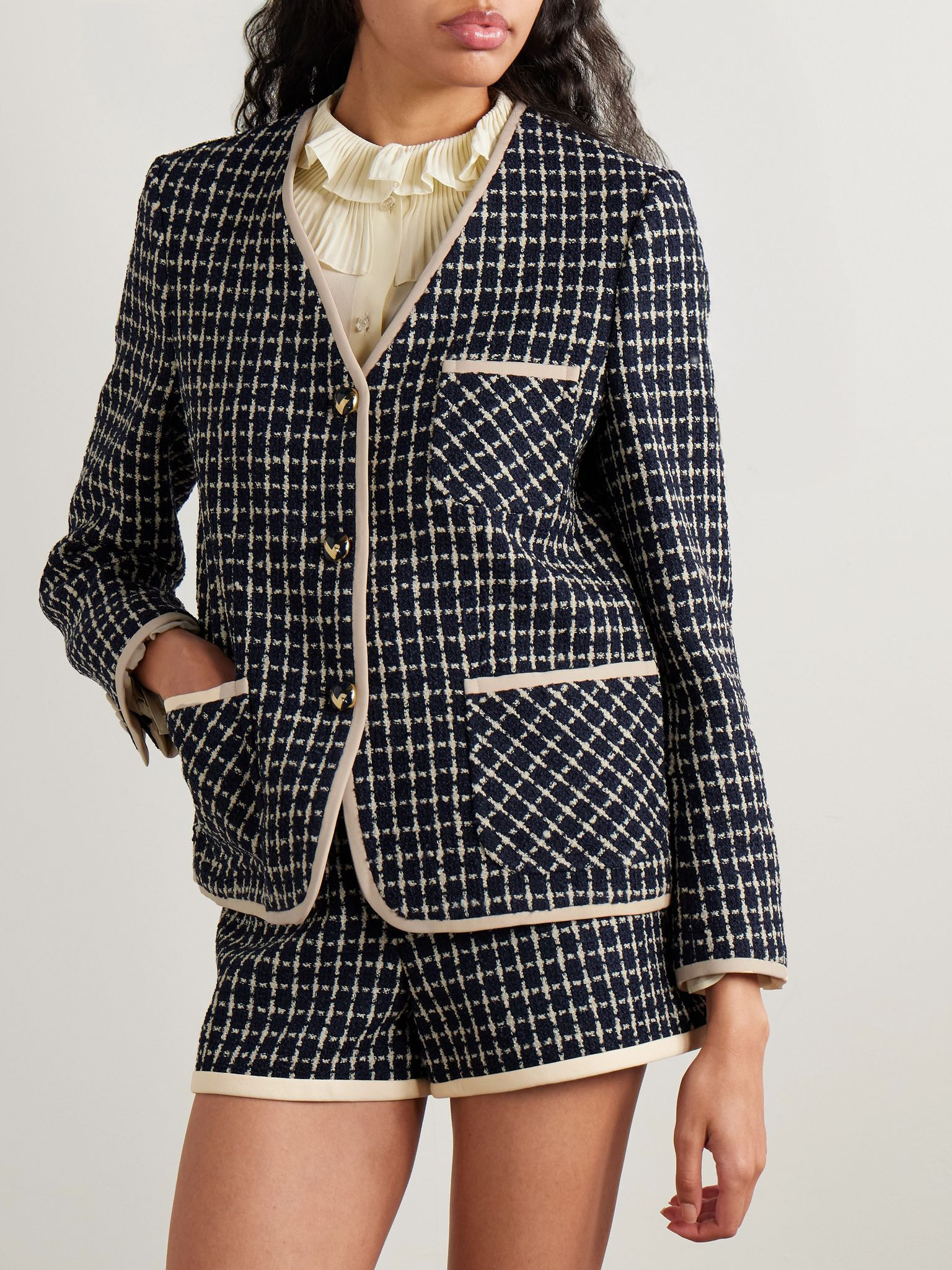 Crepe-trimmed checked wool-blend tweed jacket Navy - 3