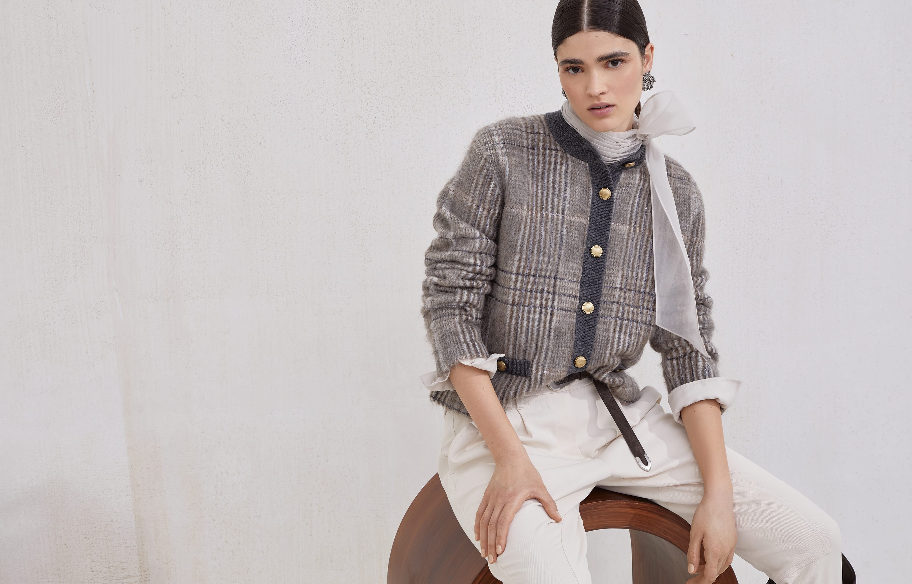 Mohair, virgin wool and cashmere jacquard cardigan with dazzling check embroidery - 6