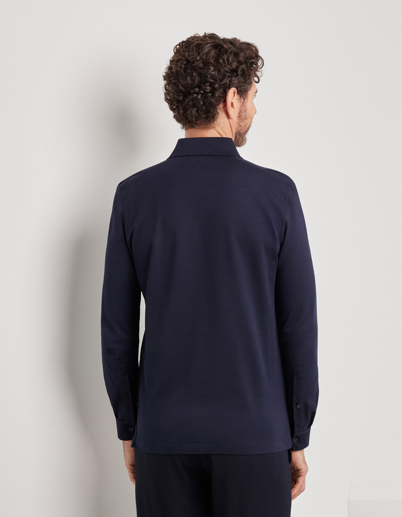 DARK NAVY COTTON AND SILK PIQUÉ LONG-SLEEVED POLO SHIRT 3