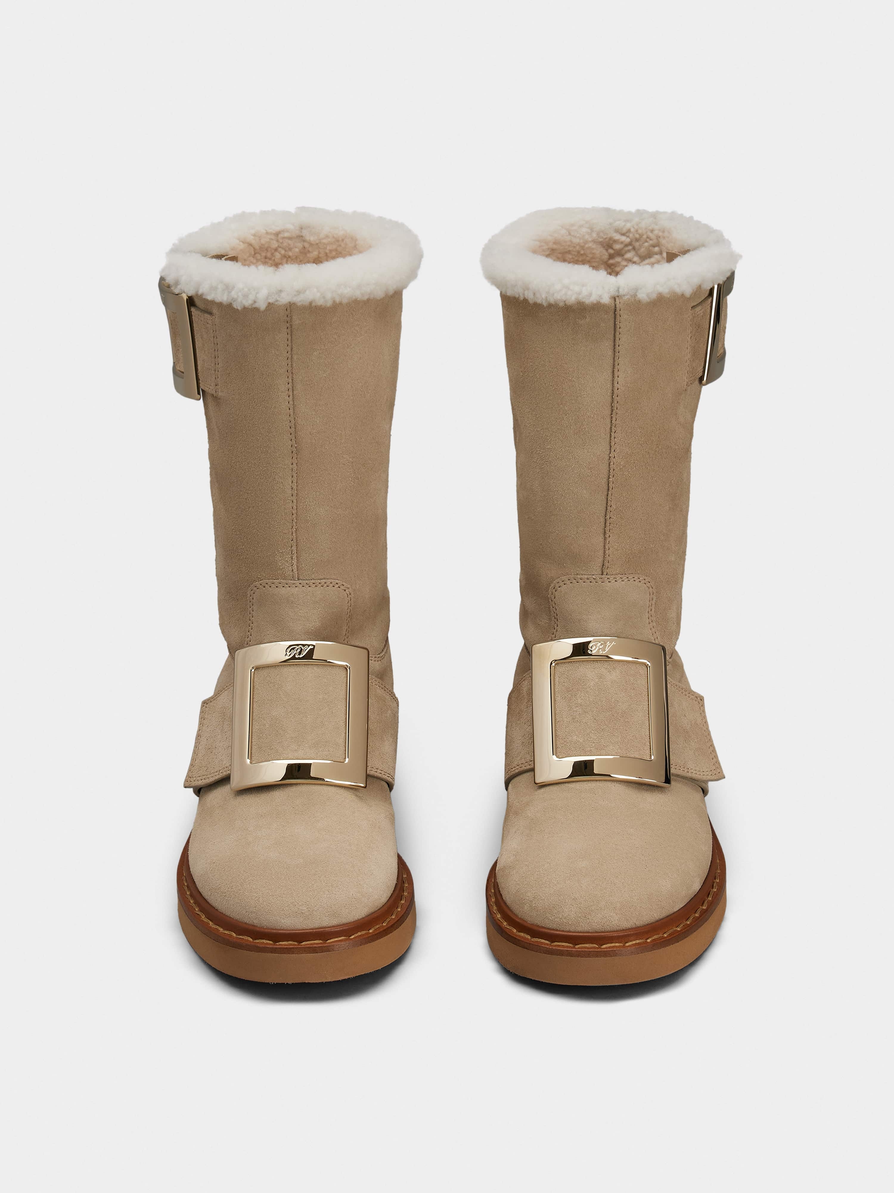 Viv' Rangers Metal Buckle Shearling Biker Boots in Suede - 7