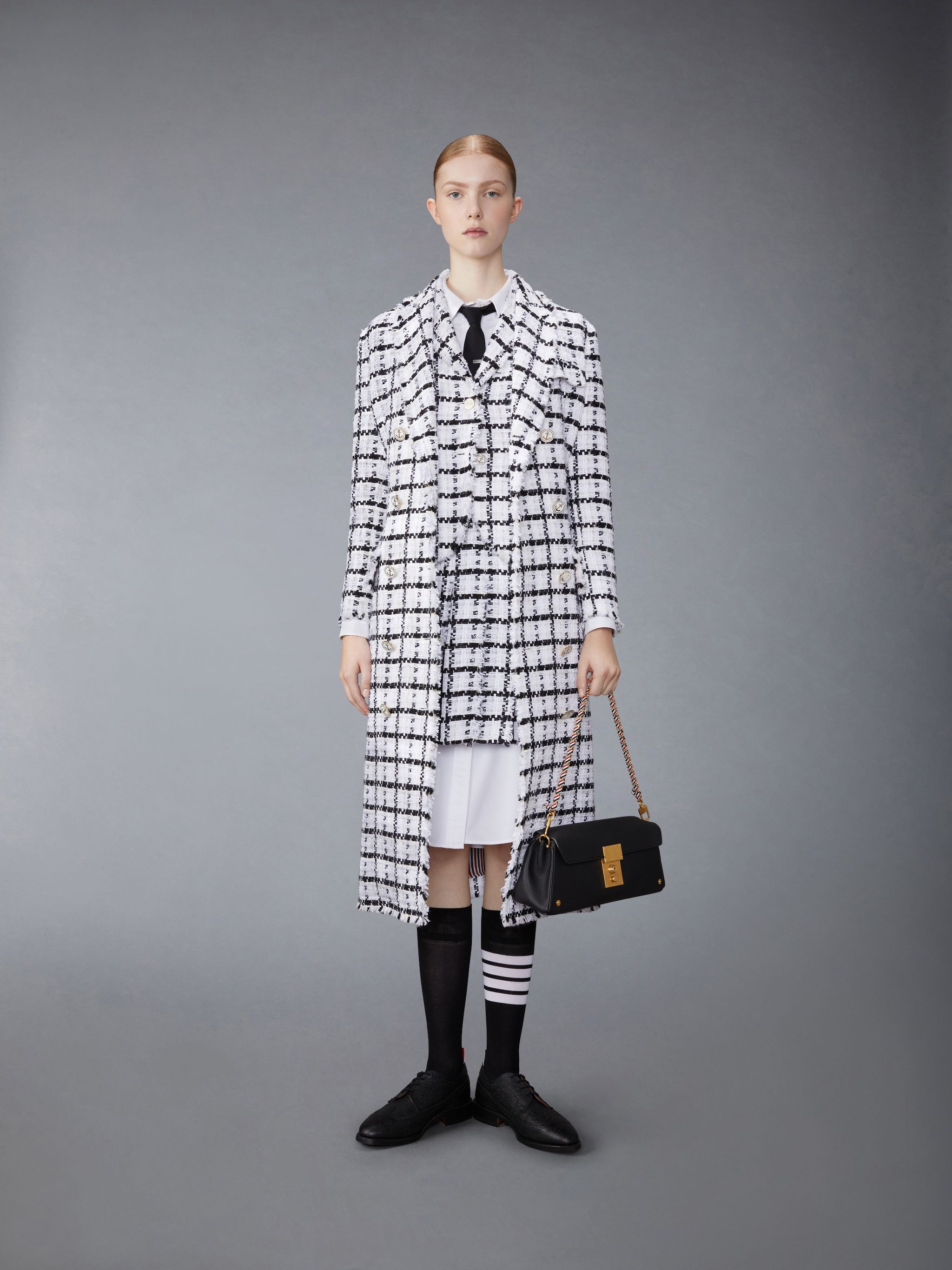 Windowpane Check Chiffon Tweed Fray Oversized Chesterfield Coat - 8