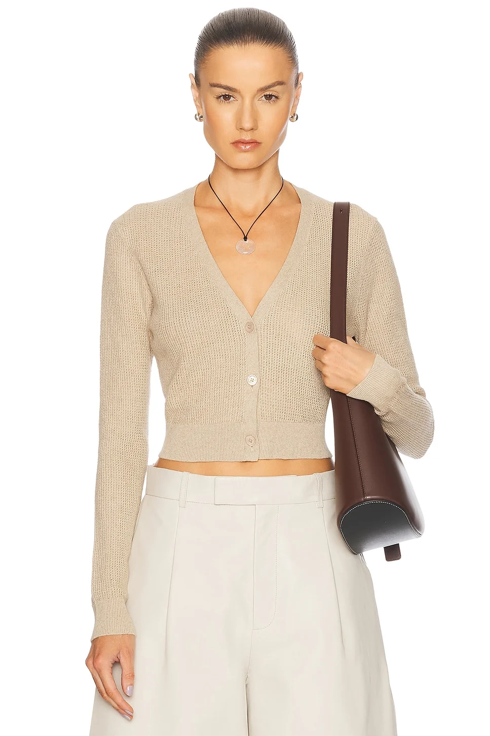 Linen Open Knit Cropped V-Neck Cardigan - 1