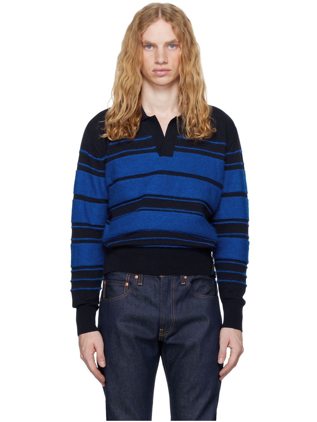 Blue Striped Knit Long Sleeve Polo - 1