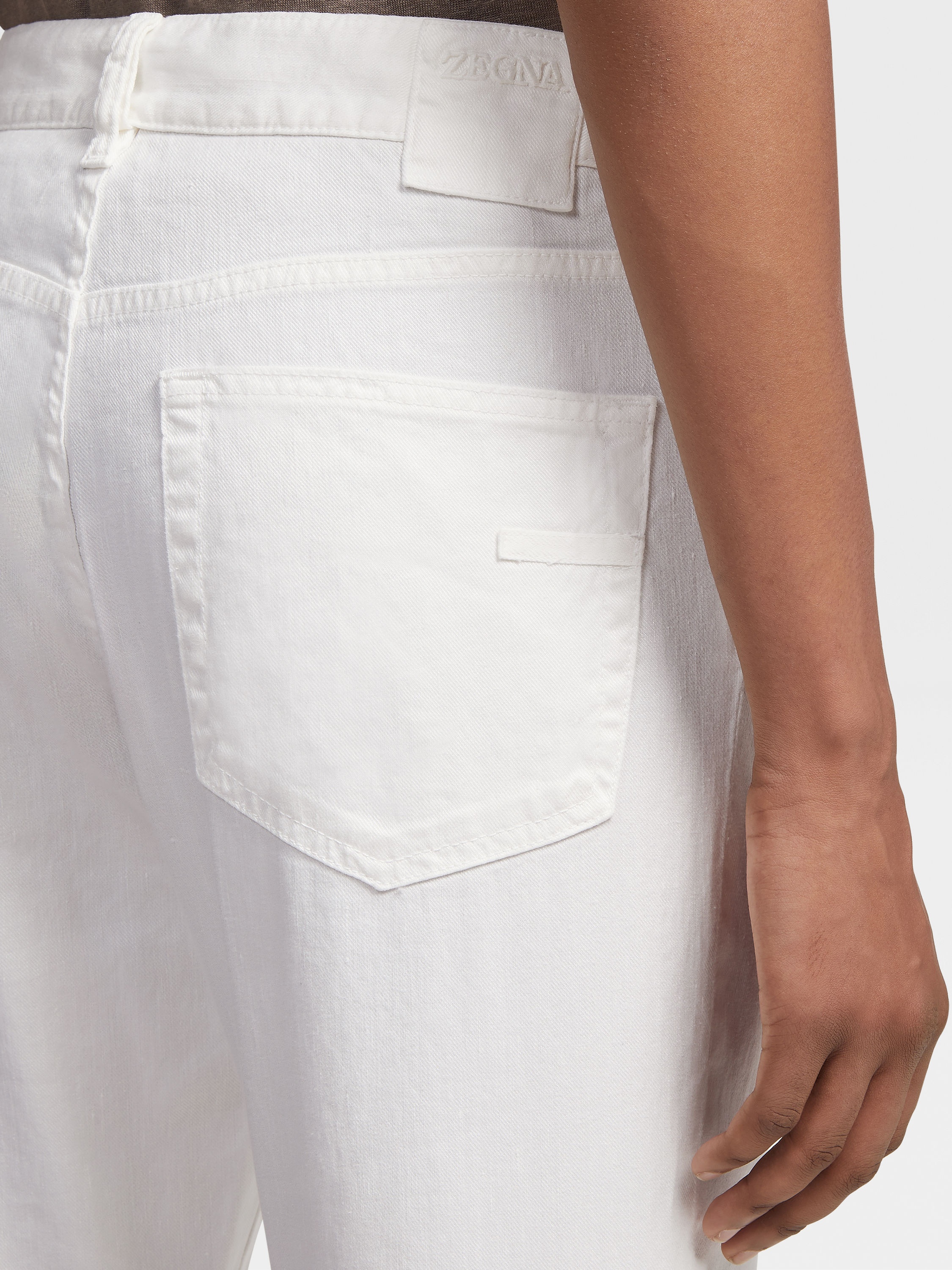 WHITE STRETCH LINEN AND COTTON JEANS - 5