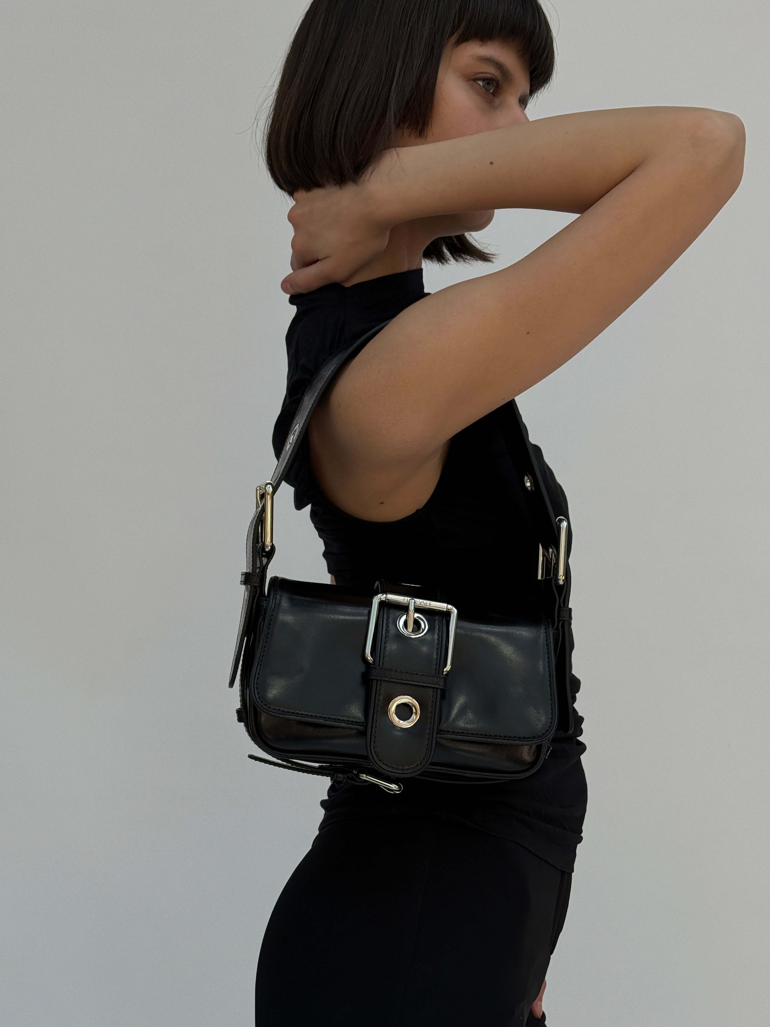 Eloise Black Creased Calf Leather Shoulder Bag - 6