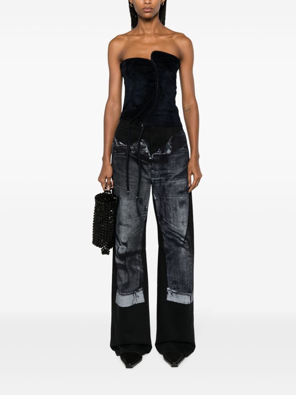 logo-patch panelled denim corset - 2