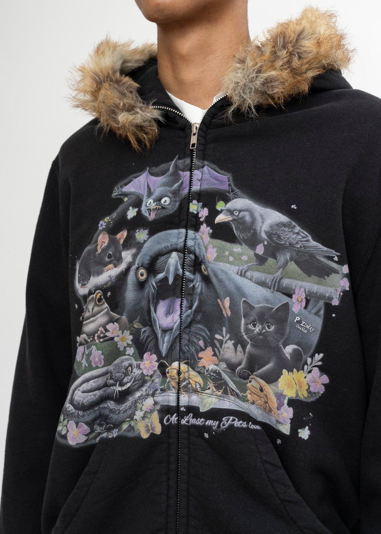 BLACK DOUBLET FURRY COLLAR ZIP-UP HOODIE - 4