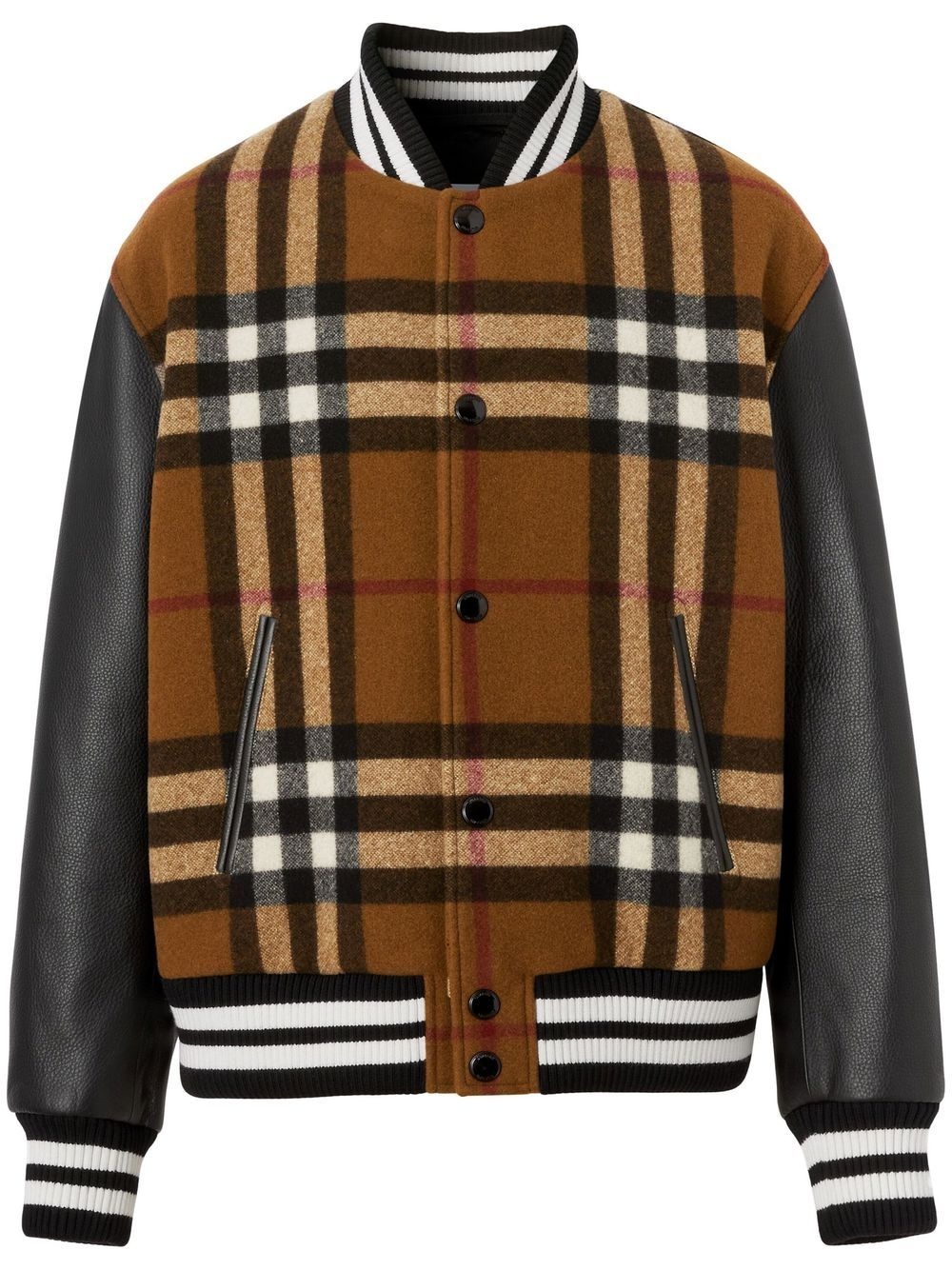 checked leather-sleeve bomber jacket - 1